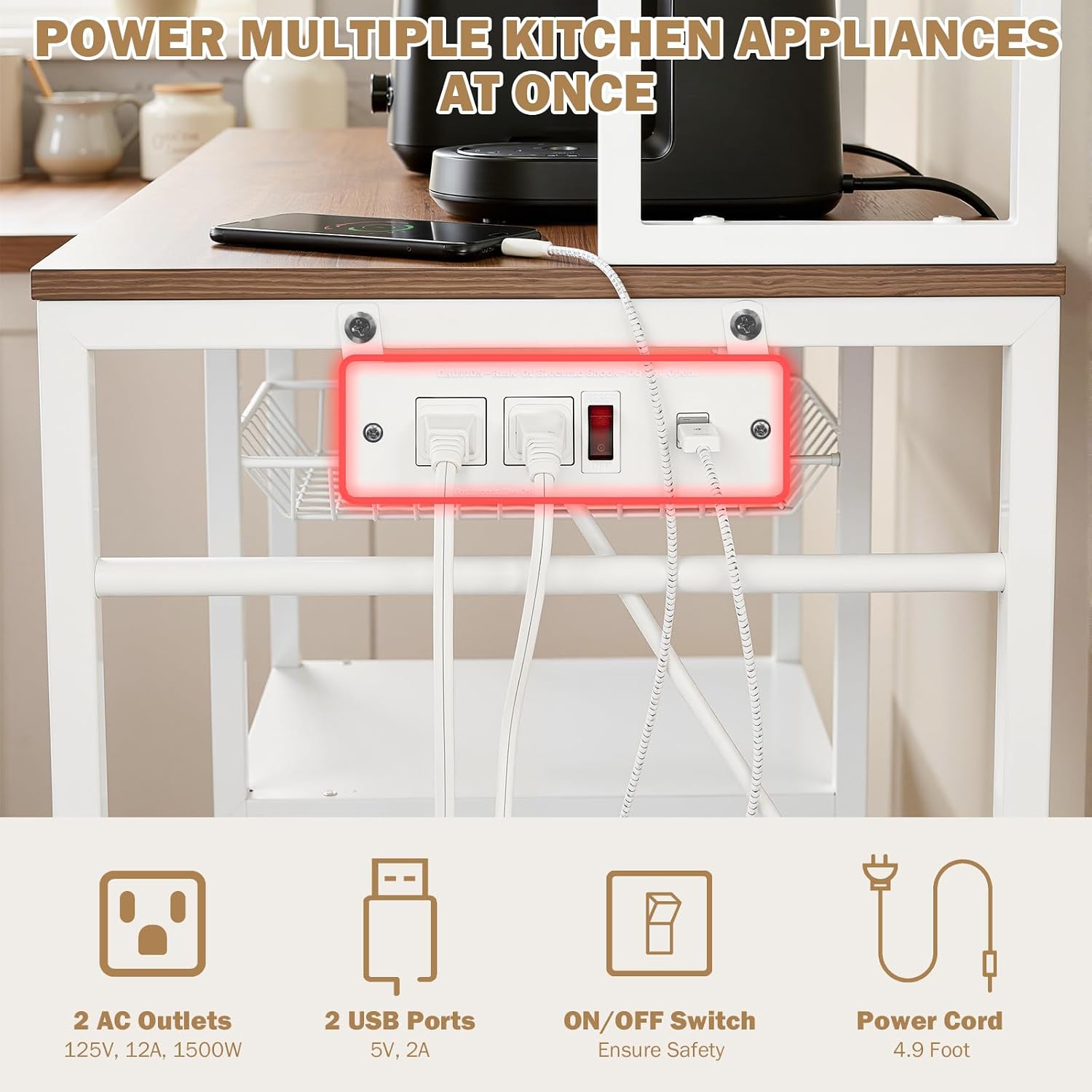 Uieke Bakers Rack with Power Outlet and Storage, Kitchen Bakers Rack with Cabinet & 10 Hooks, Coffee Bar Cabinet, Microwave Stand, 5 Tiers Kitchen Storage Rack for Dining Room & Small Spaces, White