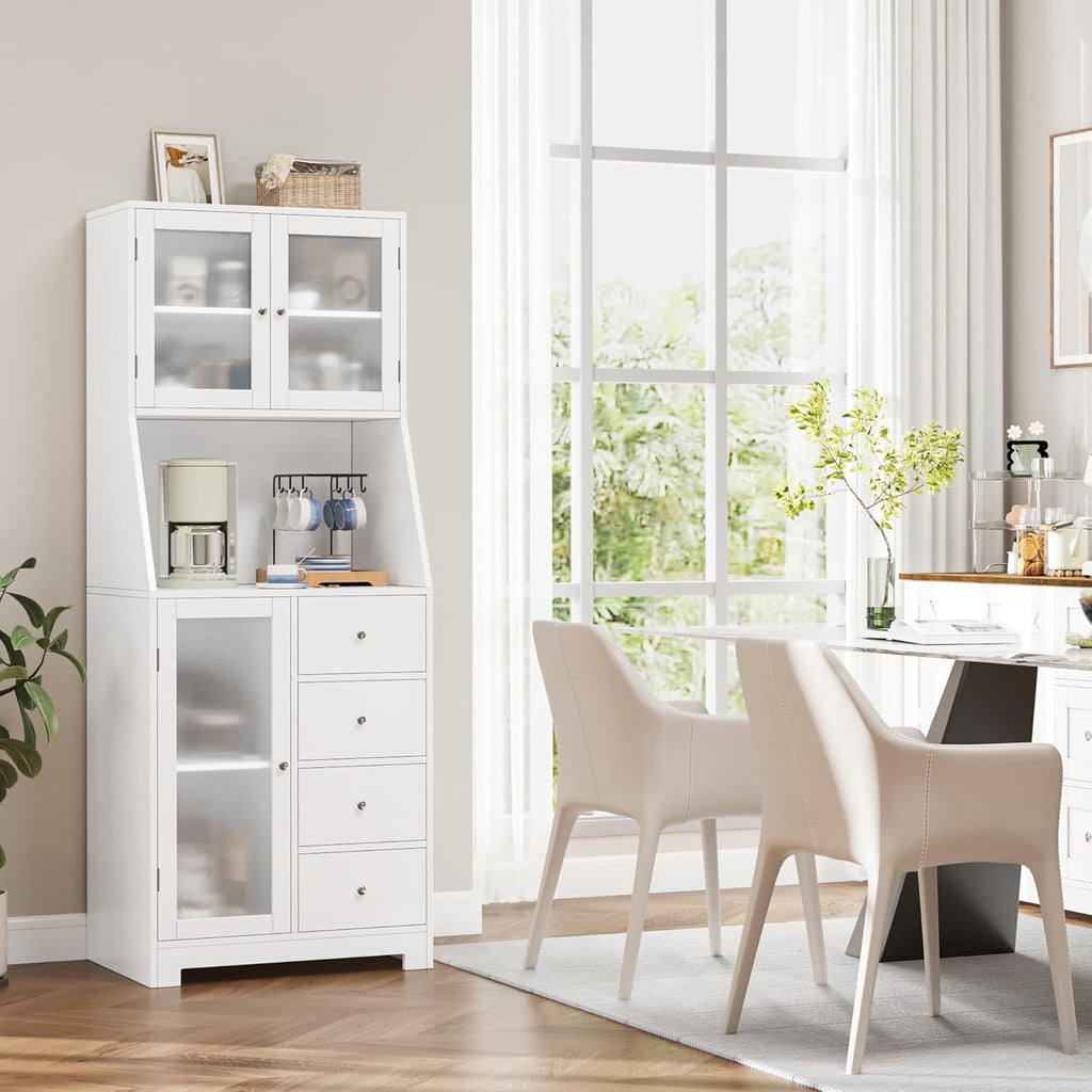 BOTLOG 64'' Kitchen Pantry Storage Cabinet, Tall Kitchen Storage Cabinet with Microwave Stand, Hutch Cabinet with Adjustable Shelves, for Dining Room (White)
