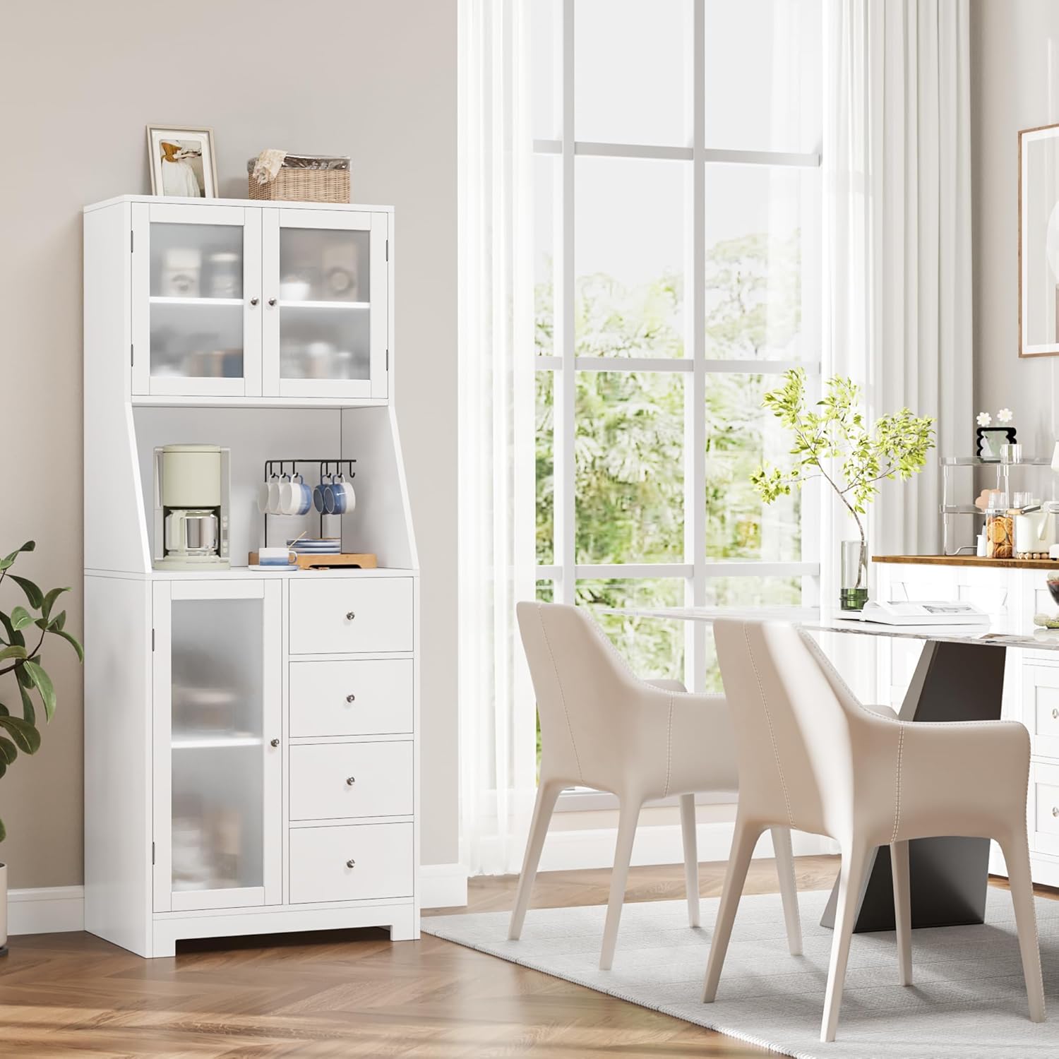 BOTLOG 64'' Kitchen Pantry Storage Cabinet, Tall Kitchen Storage Cabinet with Microwave Stand, Hutch Cabinet with Adjustable Shelves, for Dining Room (White)