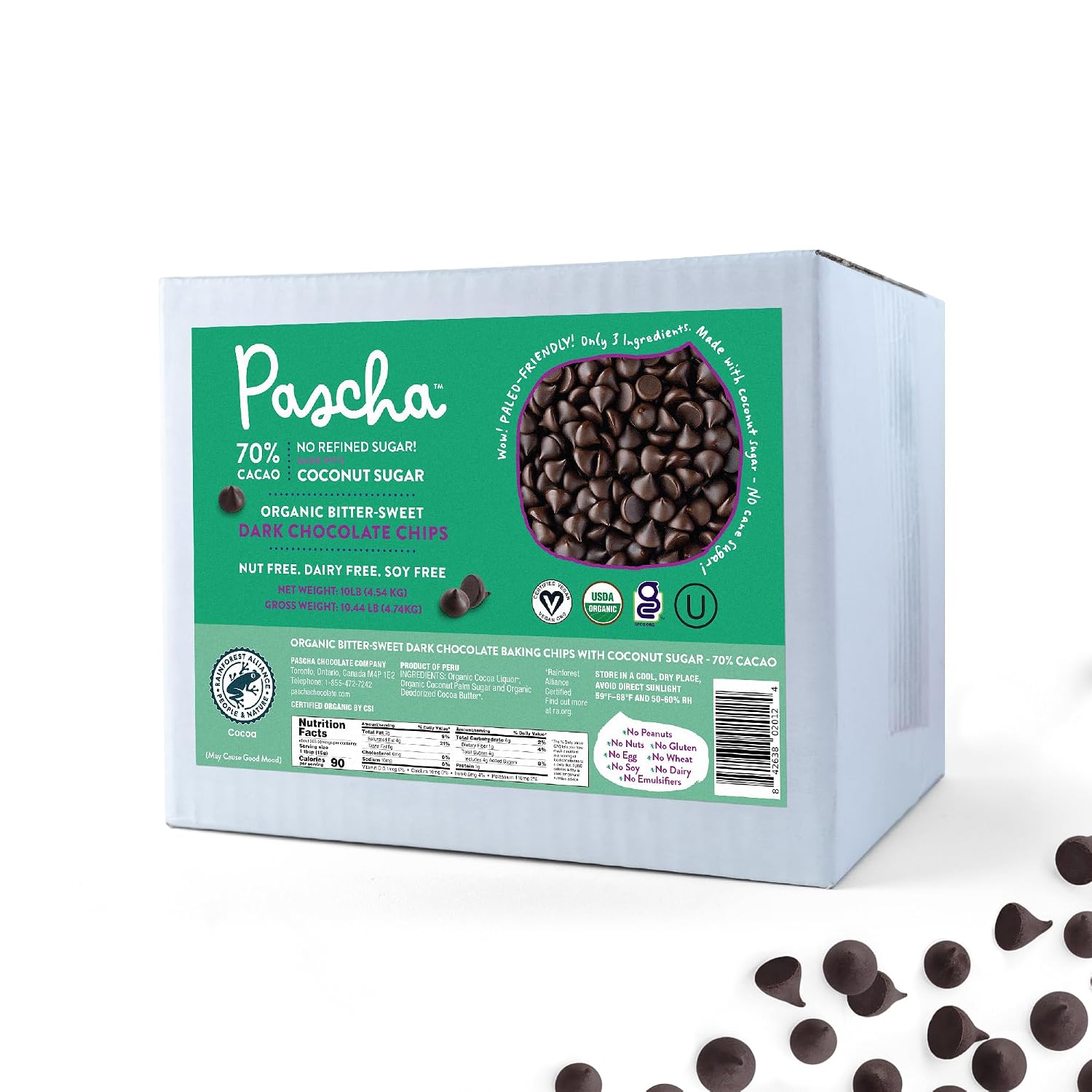 Pascha Organic 70% Cacao Bittersweet Dark Chocolate Chips with Coconut Sugar - Vegan, Non-GMO Bulk Baking Chips - Rainforest Alliance Certified - Allergen-Free (10 lbs)
