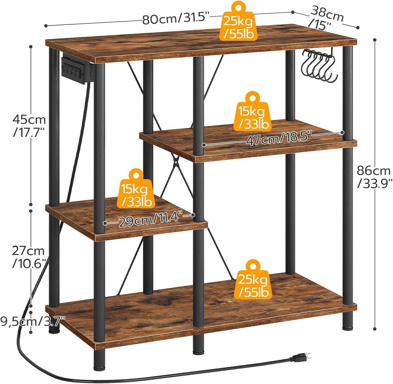 HOOBRO Bakers Rack with Power Outlet, Height-Adjustable Round Pub Table, Modern Style, Suitable for Living Room, Dining Room BF07UHB01-BF58BT01G1