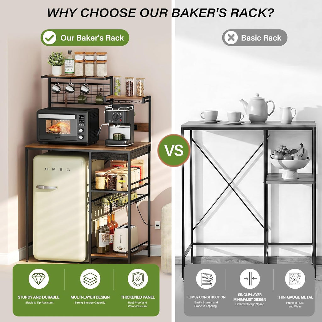 Fixed Kitchen Storage Shelf with Outlets & USB | Heavy Duty Baker's Rack with Pull-Out Basket & Hooks, Holds Microwave, Coffee Maker, Spice Organizer for Pantry, Kitchen, Apartment