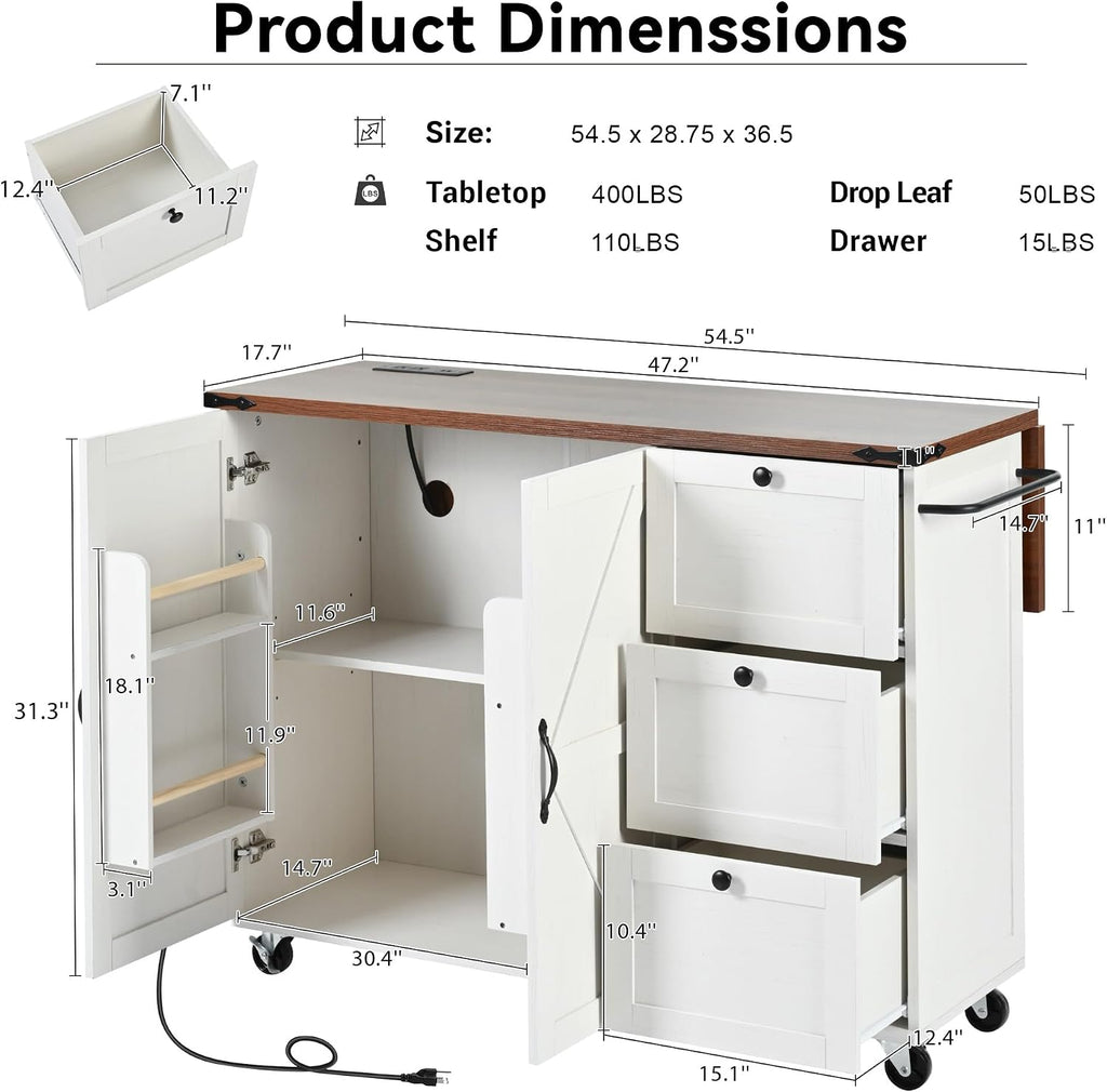 Farmhouse Kitchen Island with Power Outlet, Drop Leaf, Spice Rack and Drawer,Rolling Kitchen Cart on Wheels,Kitchen Storage Island for Home Dining Room (White/p2)
