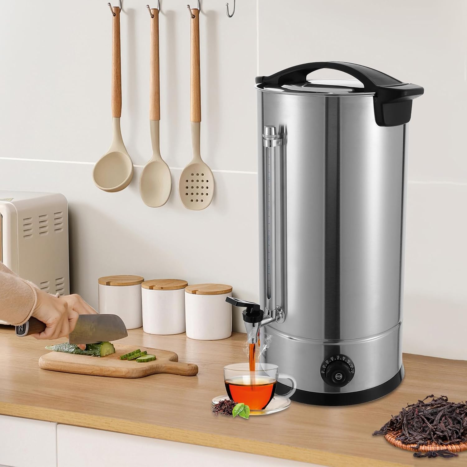 125-Cup Commercial Coffee Urn, 25L / 6.6Gal 304 Stainless Steel Electric Coffee Maker with Temperature Control (86-230°F), 950W Fast Brew Hot Water Dispenser for Catering, Parties & Office Use, Silver