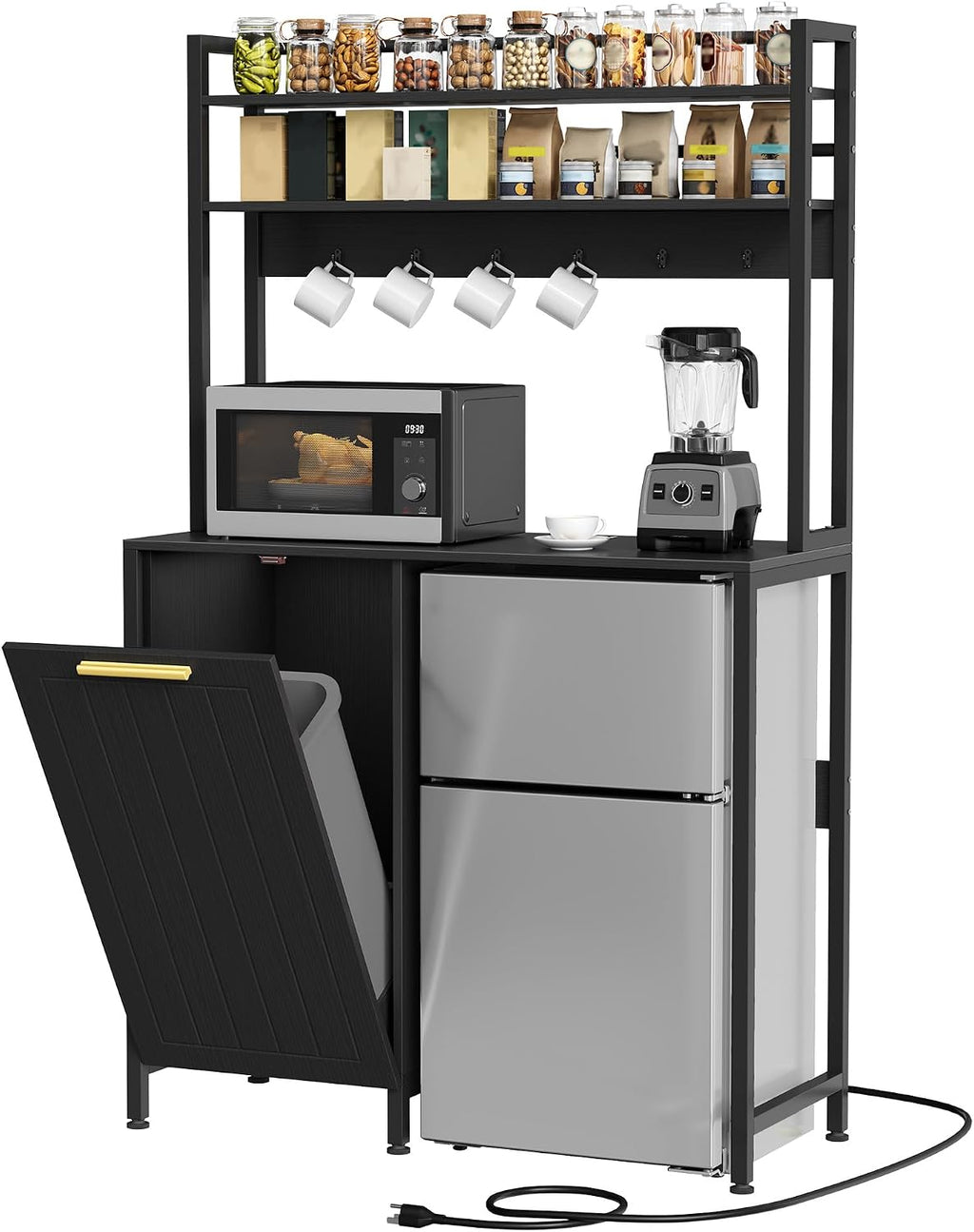 DWVO 63' Tall 39.4' Wide Fridge Stand with Tilt Out Trash Can Fit 10 Gallon, Mini Storage Bakers, Kitchen Rack with Power Outlets Freestadning Coffee Bar Cabinet 3-Tiers Coffee Stand Station Black