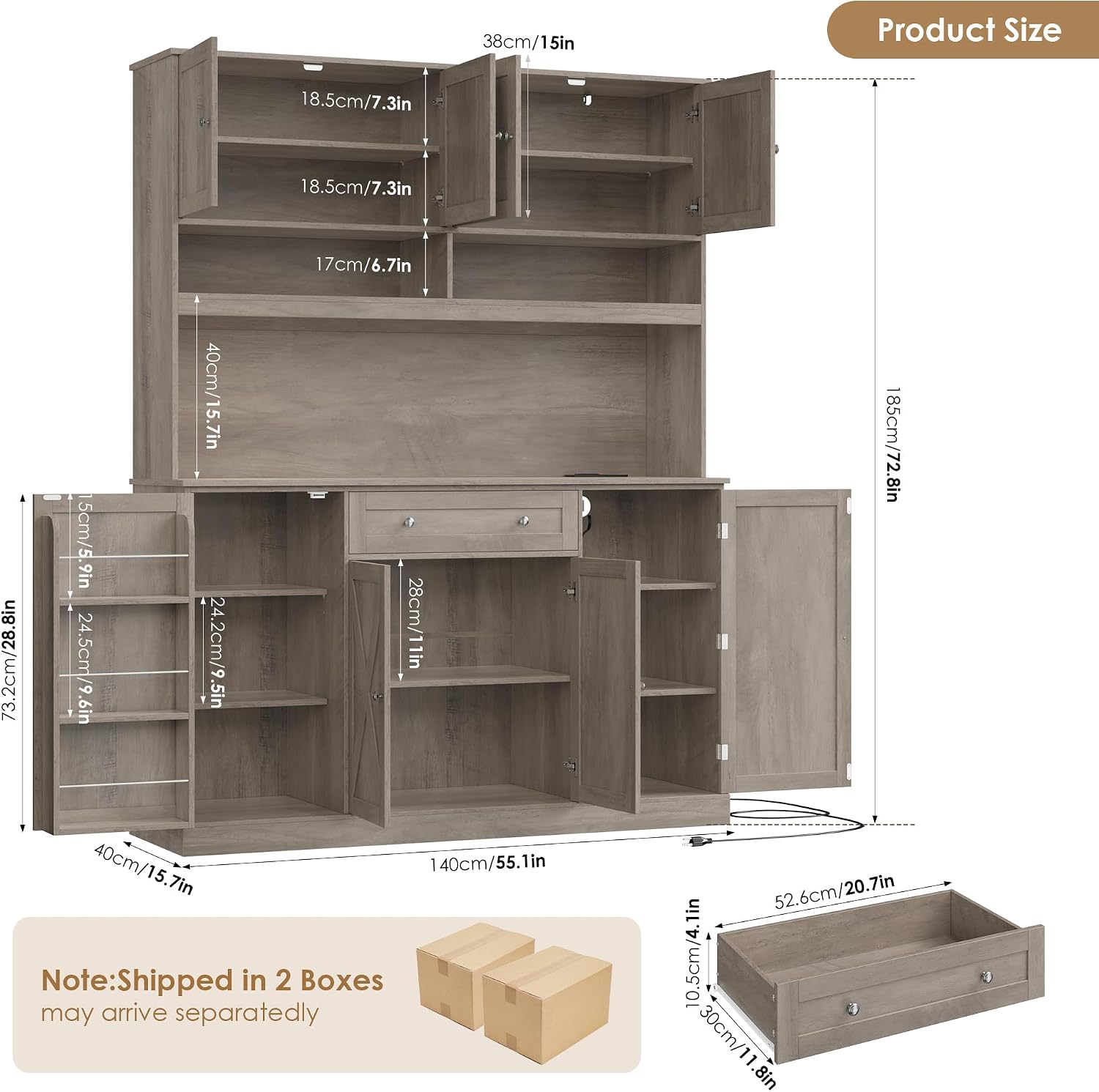 HIFIT 72.8' Tall Kitchen Pantry Cabinet with LED & Charging Station, 55' Wide Farmhouse Pantry Cabinet with Microwave Stand&Shelves&Swing-Out Door, Kitchen Hutch Coffee Bar for Living Room, Grey