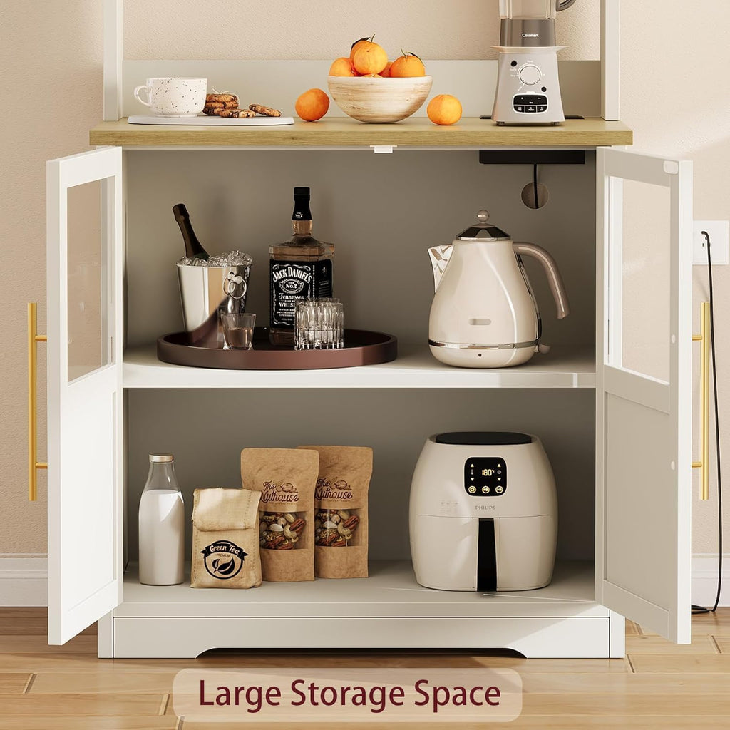 6-Tier Kitchen Bakers Rack With Power Outlet Bakers Rack With Storage Cabinet Microwave Oven Stand Pantry Hutch With Door Tall Versatile Storage Shelf With Thick Tabletop Farmhouse Coffee Bar Cabinet