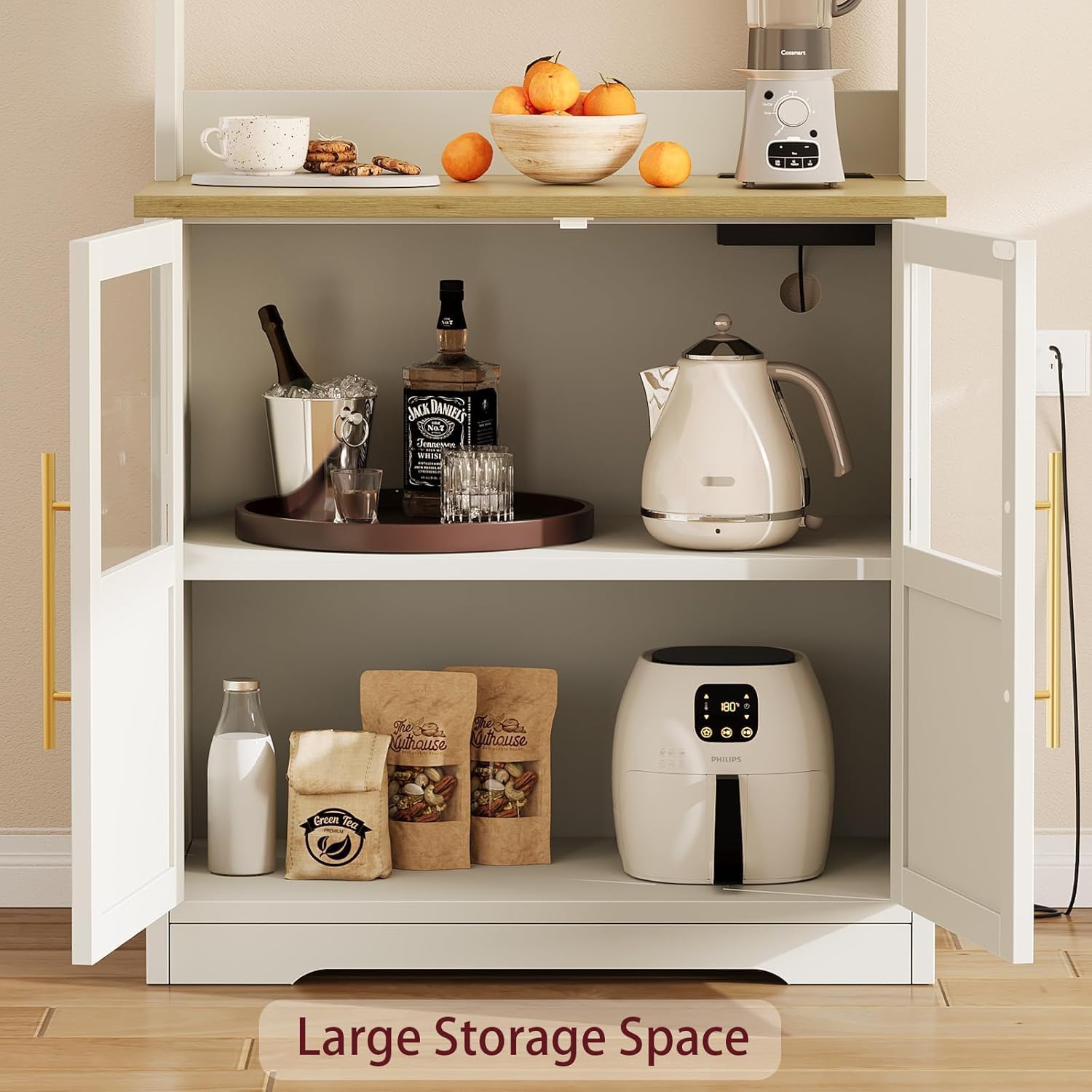 6-Tier Kitchen Bakers Rack With Power Outlet Bakers Rack With Storage Cabinet Microwave Oven Stand Pantry Hutch With Door Tall Versatile Storage Shelf With Thick Tabletop Farmhouse Coffee Bar Cabinet