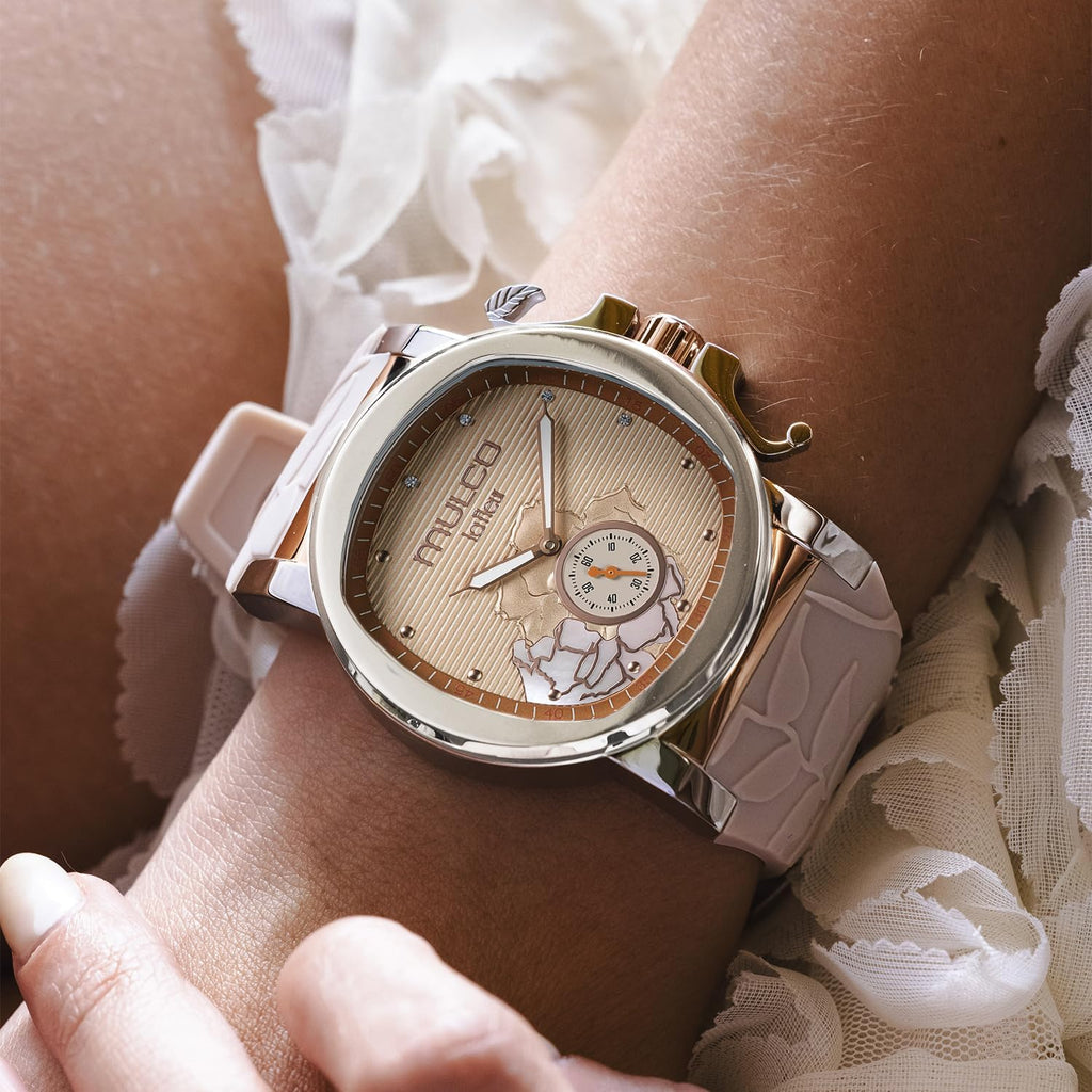 MULCO Le Fleur Gardenia Women's Watch – 43 mm Stainless-Steel Case, Rose-Gold Bezel, Mother-of-Pearl Dial with Crystal Accents, Pure Silicone Strap, Quartz Multifunction Movement, 10 ATM Waterproof