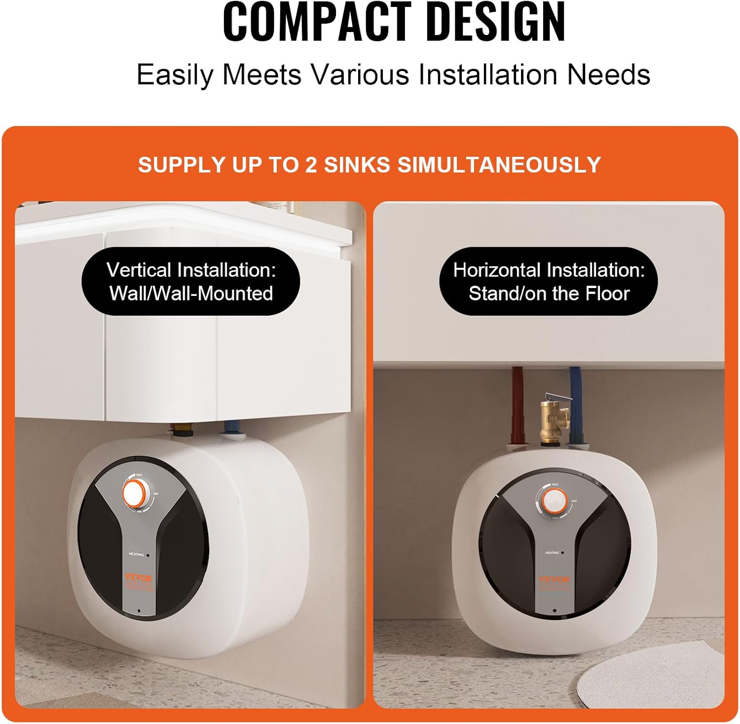 VEVOR Electric Mini-Tank Water Heater 8-Gallon Tank, 1440W Hot Water Boiler Storage, Safety Temperature Pressure Valve Easy Install, for Kichen Bathroom Restaurant, Shelf Wall Floor Mounted