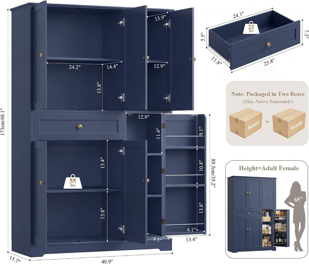 HOSTACK 68' Tall Kitchen Pantry Storage Cabinet, Modern Kitchen Hutch Cabinet with Doors and Shelves, Freestanding Food Pantry with Large Storage Drawer for Dining Room, Living Room, Navy Blue