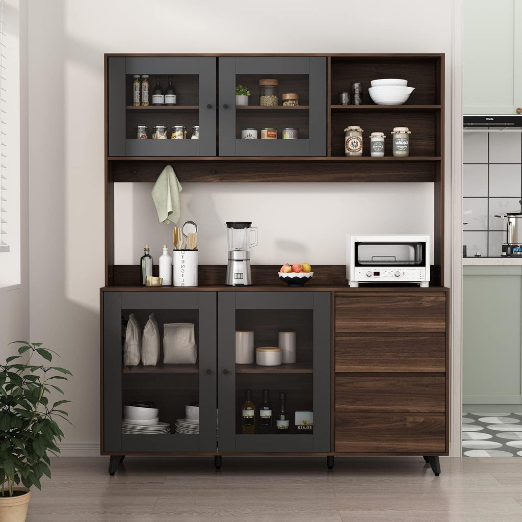 AGOTENI Large Kitchen Hutch Cabinet, Storage Cupboard Pantry with 4 Glass Doors, 4 Drawers & Microwave Shelf, for Kitchen Open Storage, Rustic Brown (63' W x 15.7' D x 74.8' H)