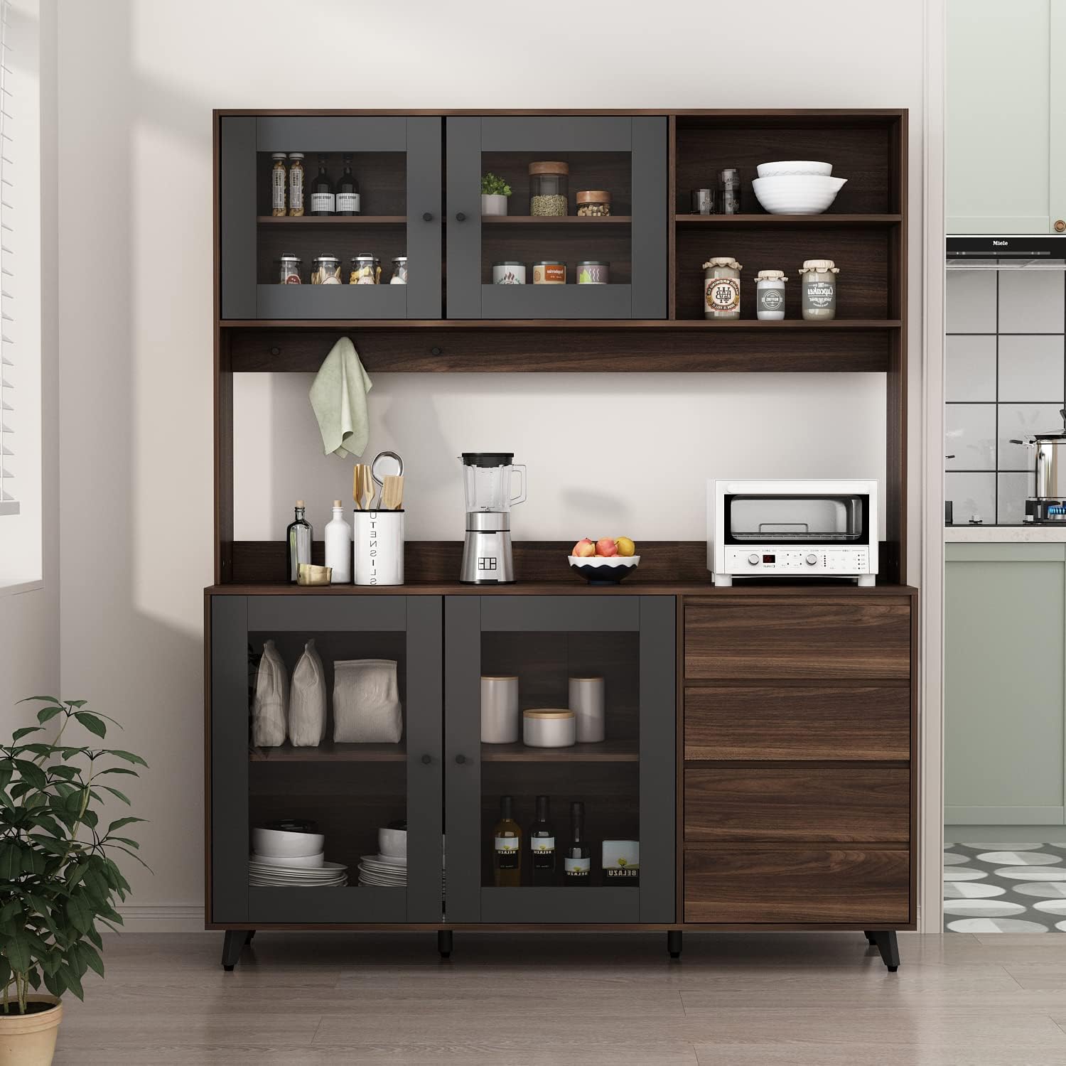AGOTENI Large Kitchen Hutch Cabinet, Storage Cupboard Pantry with 4 Glass Doors, 4 Drawers & Microwave Shelf, for Kitchen Open Storage, Rustic Brown (63' W x 15.7' D x 74.8' H)