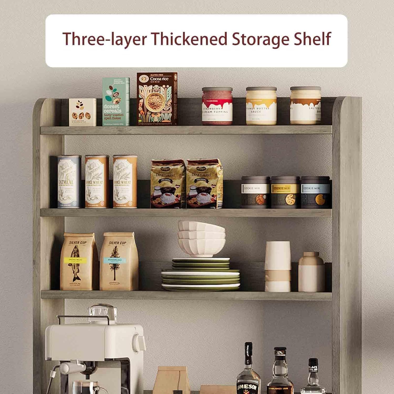 Microwave Stand Bakers Rack with Power Outlet, Freestanding 6-Tier Kitchen Pantry Hutch Tall with Door & Storage Shelves, Thickened Counter, Coffee Bar Station for Living Room