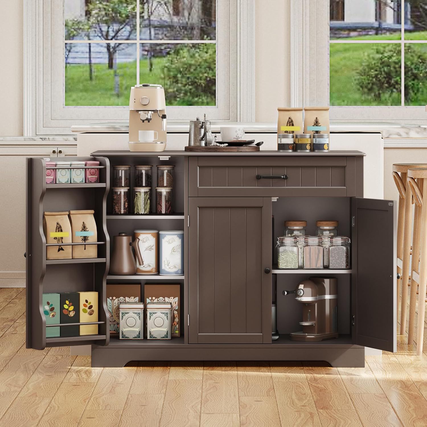Gizoon Kitchen Coffee Bar Cabinet with Storage Kitchen Sideboard Buffet Cabinet with Drawers, Short Pantry with Door and Shelves for Bathroom and Living Room, Dark Brown, Painted