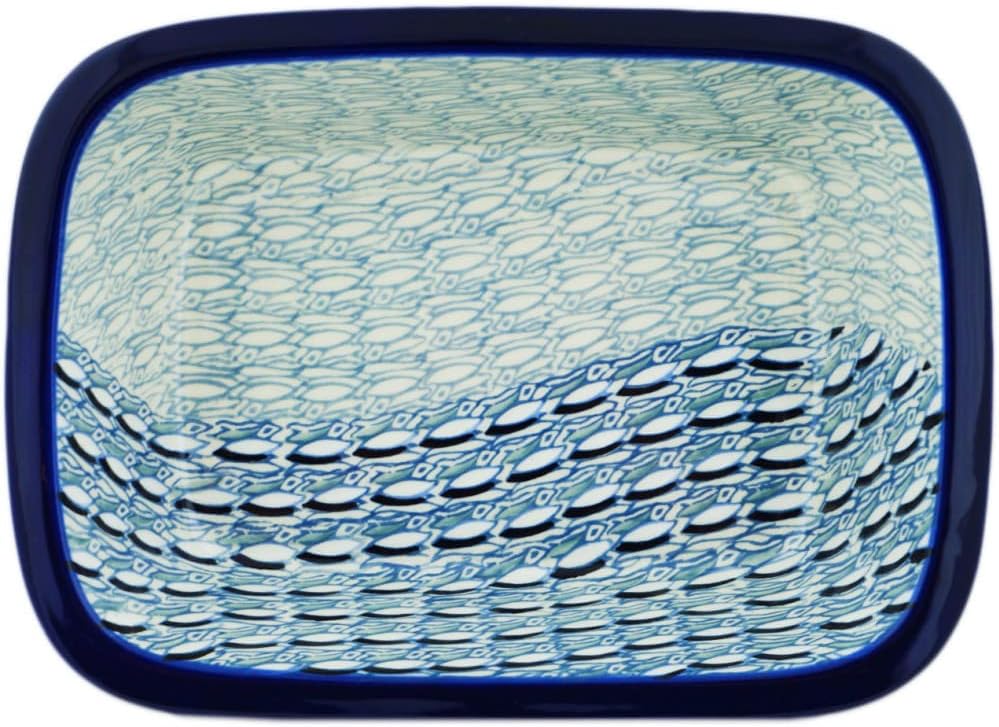 Polmedia Polish Pottery Rectangular Baker UNIKAT - Blue Wave Pattern Handmade in Boleslawiec Poland by Ceramika Artystyczna + Certificate of Authenticity
