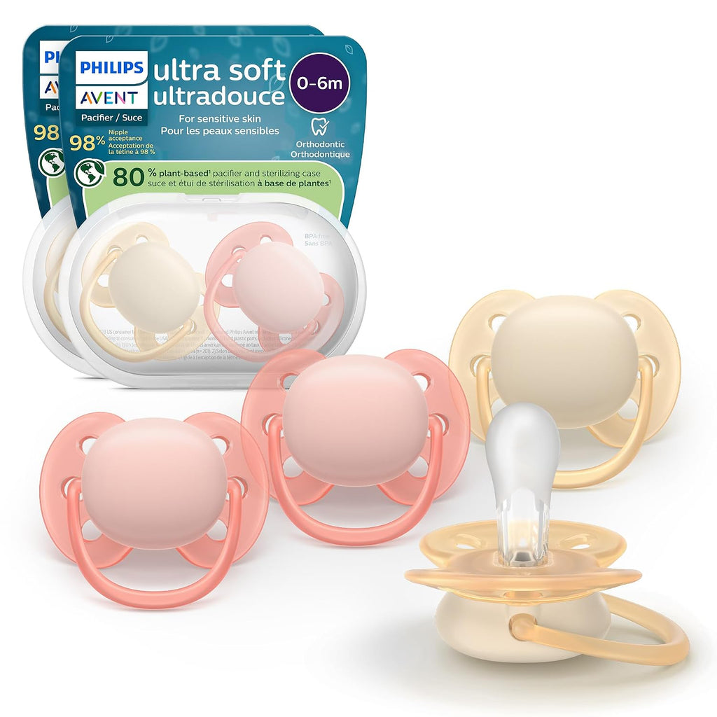 Philips Avent Ultra Soft Pacifiers - Orthodontic Design, for Babies 0-6 Months, Flexible Shield, Silicone Symmetrical Nipple, BPA-Free, 2 Sterilizing Cases, 48 Pack, SCF091/47