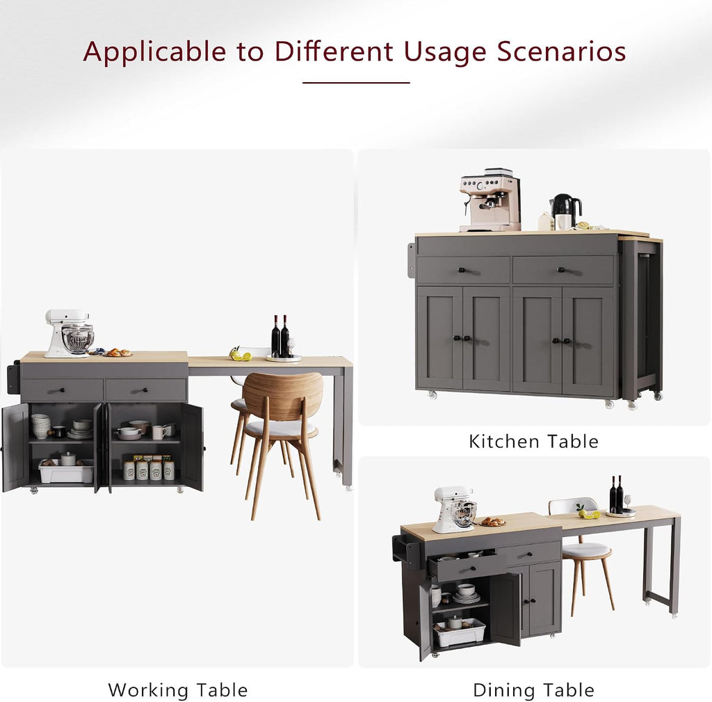 74.5 inch Kitchen Island with Extendable Dining Table, Rolling Kitchen Island on Wheels with Spice Rack and 2 Drawers, Kitchen Storage Cart with 4 Door Cabinet, for Kitchen, Dining Room (Grey/E)