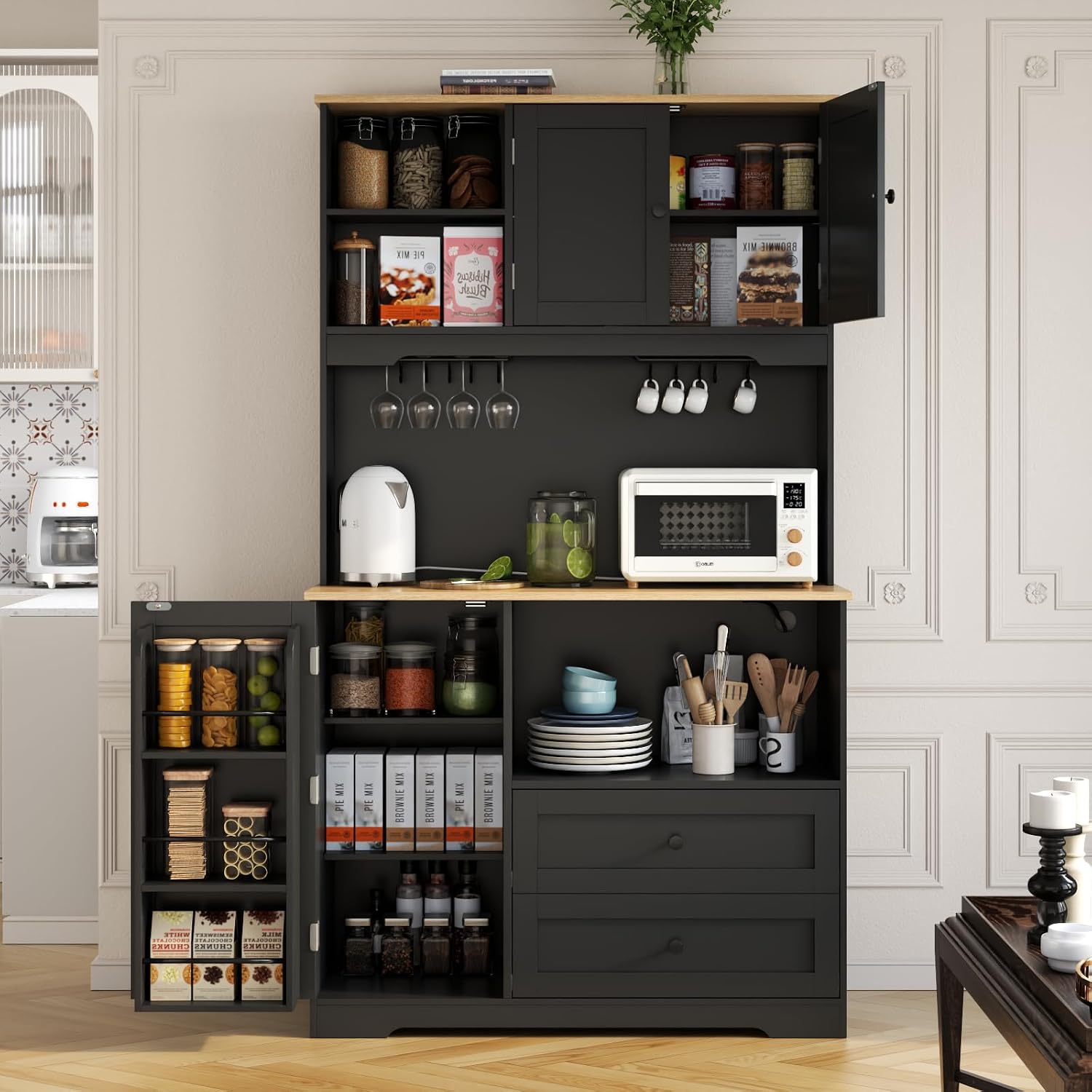 Gyfimoie 68' Tall Kitchen Pantry Storage Cabinet with Charging Station, Upgrade Pantry Cabinet with Doors & Shelves and Wine Glass Holder,Kitchen Hutch Cabinet with Microwave Stand for Kitchen(Black)