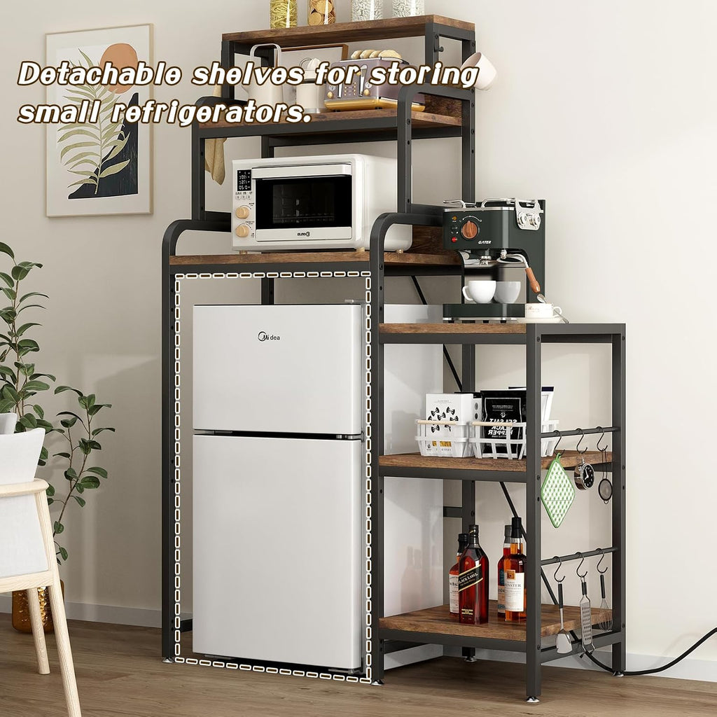 Mini Fridge & Microwave Stand with Storage, Multifunctional 7-Tier Bakers Rack with Power Outlet, Adjustable Shelves and Hooks, Utility Storage Shelf for Kitchen, Dorm, Living Room, Black+Brown