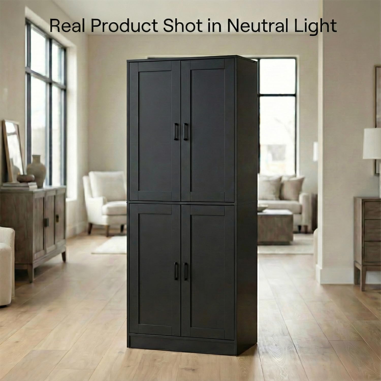 DIYART 71' Tall Kitchen Pantry Cabinet, Freestanding Food Storage Organizer with Doors & Adjustable Shelves, Large Utility Hutch Cupboard for Dining Room, Kitchen & Home Office, Black