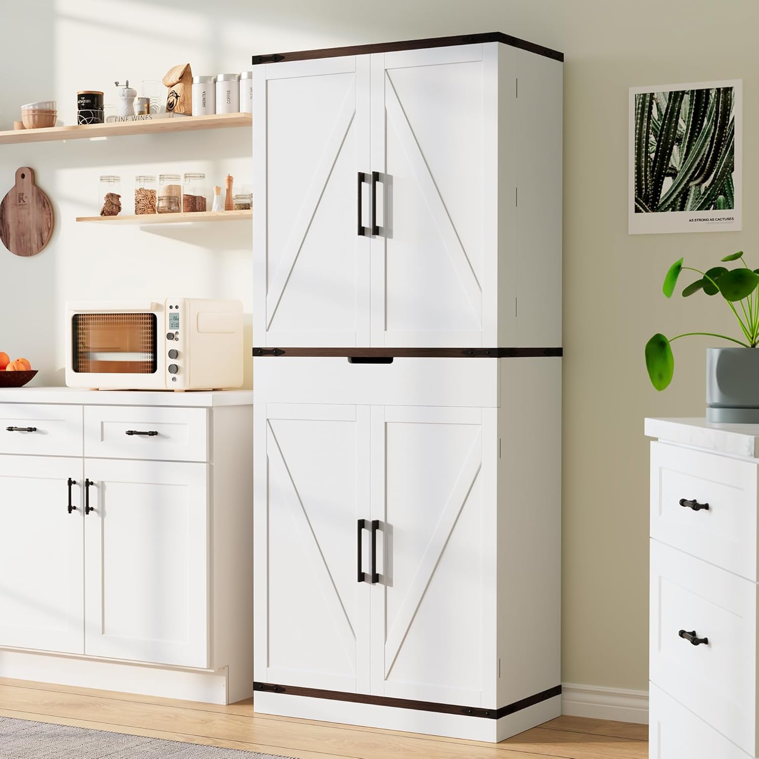 GRUSIGN 72' Kitchen Pantry Storage Cabinet with Doors and Shelves, Wood Farmhouse Pantry Storage with Barn Doors for Kitchen, Dining Room, Living Room