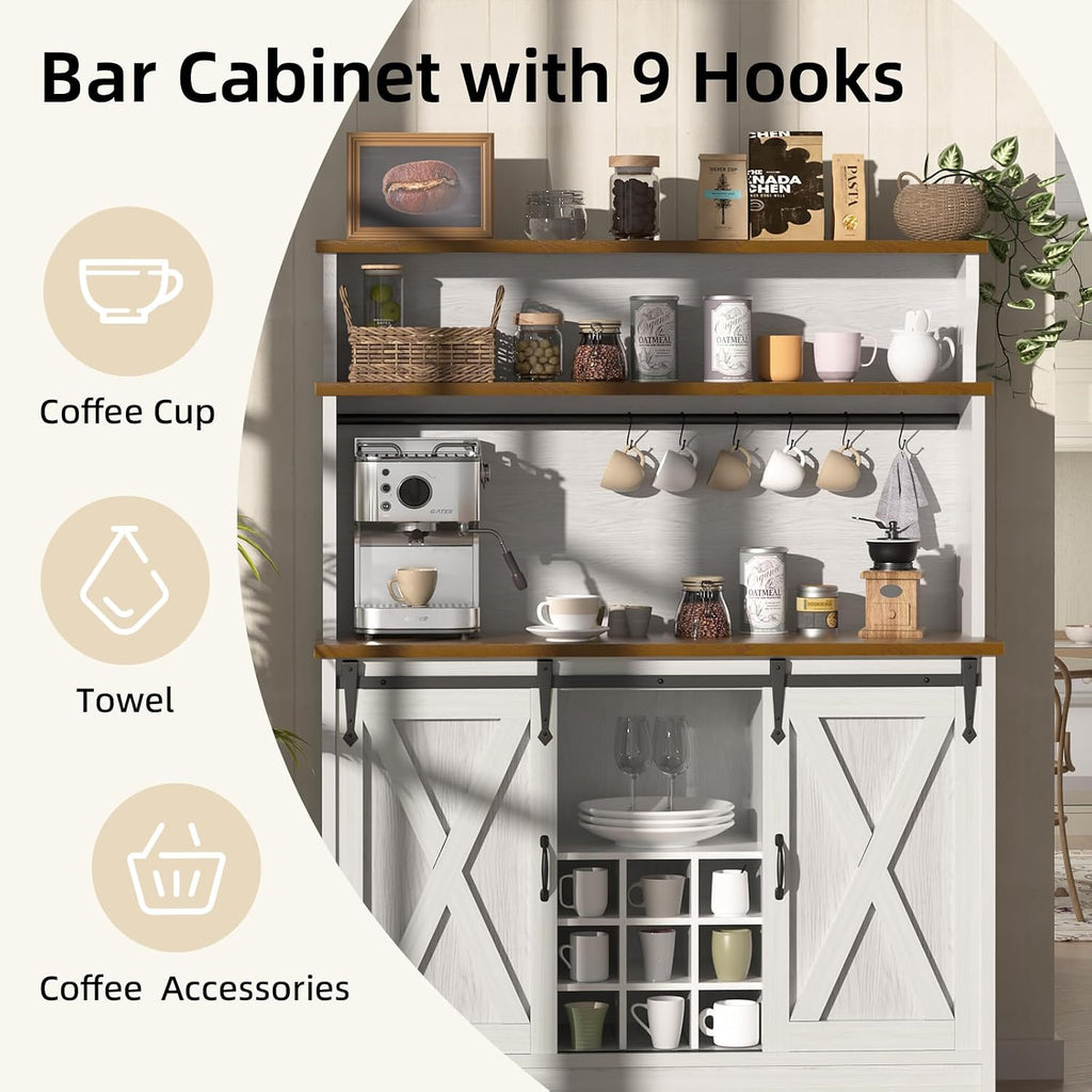 BestHaped Farmhouse Coffee Bar Cabinet with 3 Tier Storage Hutch, 47'' Coffee Bar Station with Sliding Barn Door, Hutch Storage Cabinet with 9 Wine Racks & 9 Hooks for Kitchen Dining Living Room