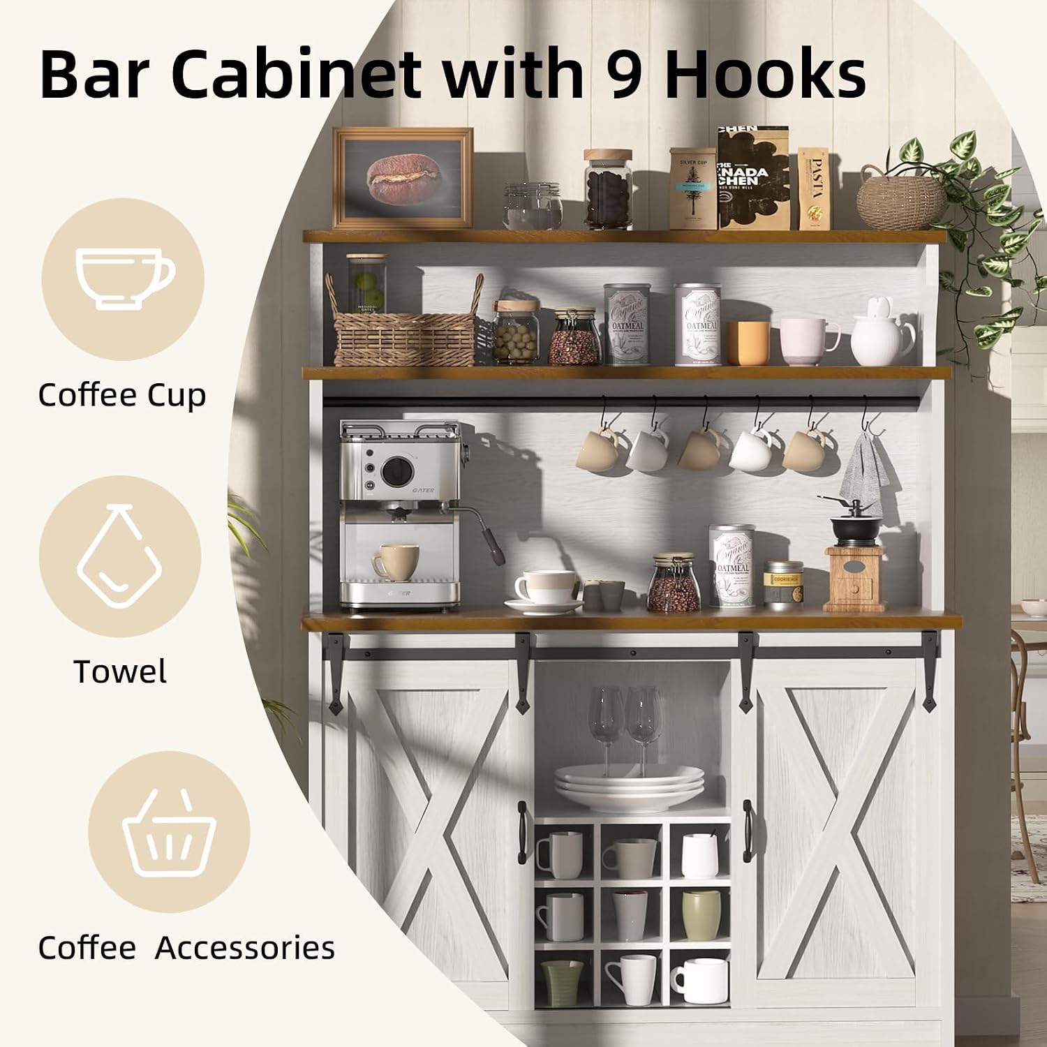 BestHaped Farmhouse Coffee Bar Cabinet with 3 Tier Storage Hutch, 47'' Coffee Bar Station with Sliding Barn Door, Hutch Storage Cabinet with 9 Wine Racks & 9 Hooks for Kitchen Dining Living Room