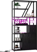 Tall Bar Cabinet with LED Lights and Power Outlets – Glass Holder, Wine Rack, 71.2'' Coffee Bar Station, Kitchen Bakers Rack, Microwave Stand – Black Frame + Black Wood Board