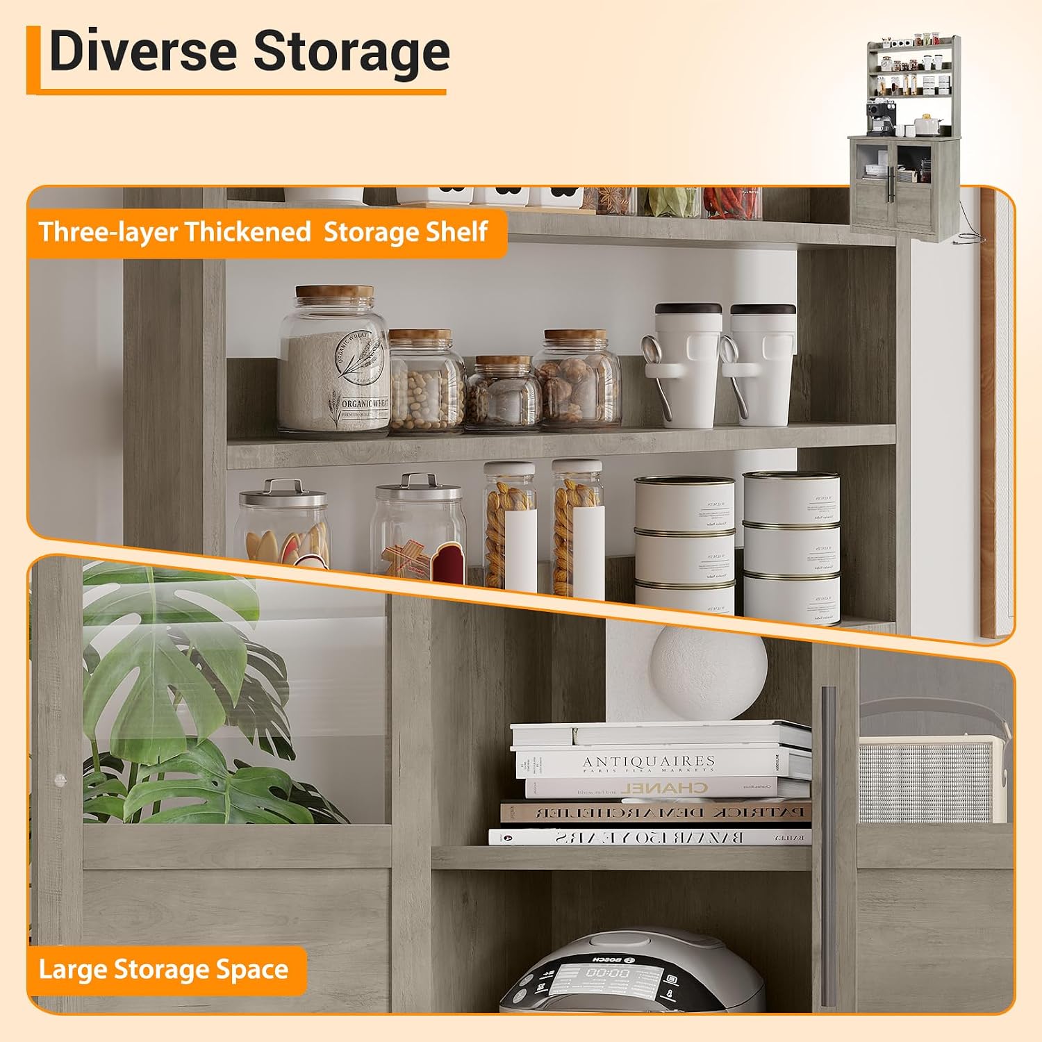Microwave Stand Bakers Rack Cabinet with Power Outlet and Thickened Counter, Freestanding Farmhouse Coffee Bar Cabinet, Tall Kitchen Pantry Hutch with Glass Doors for Dining Room
