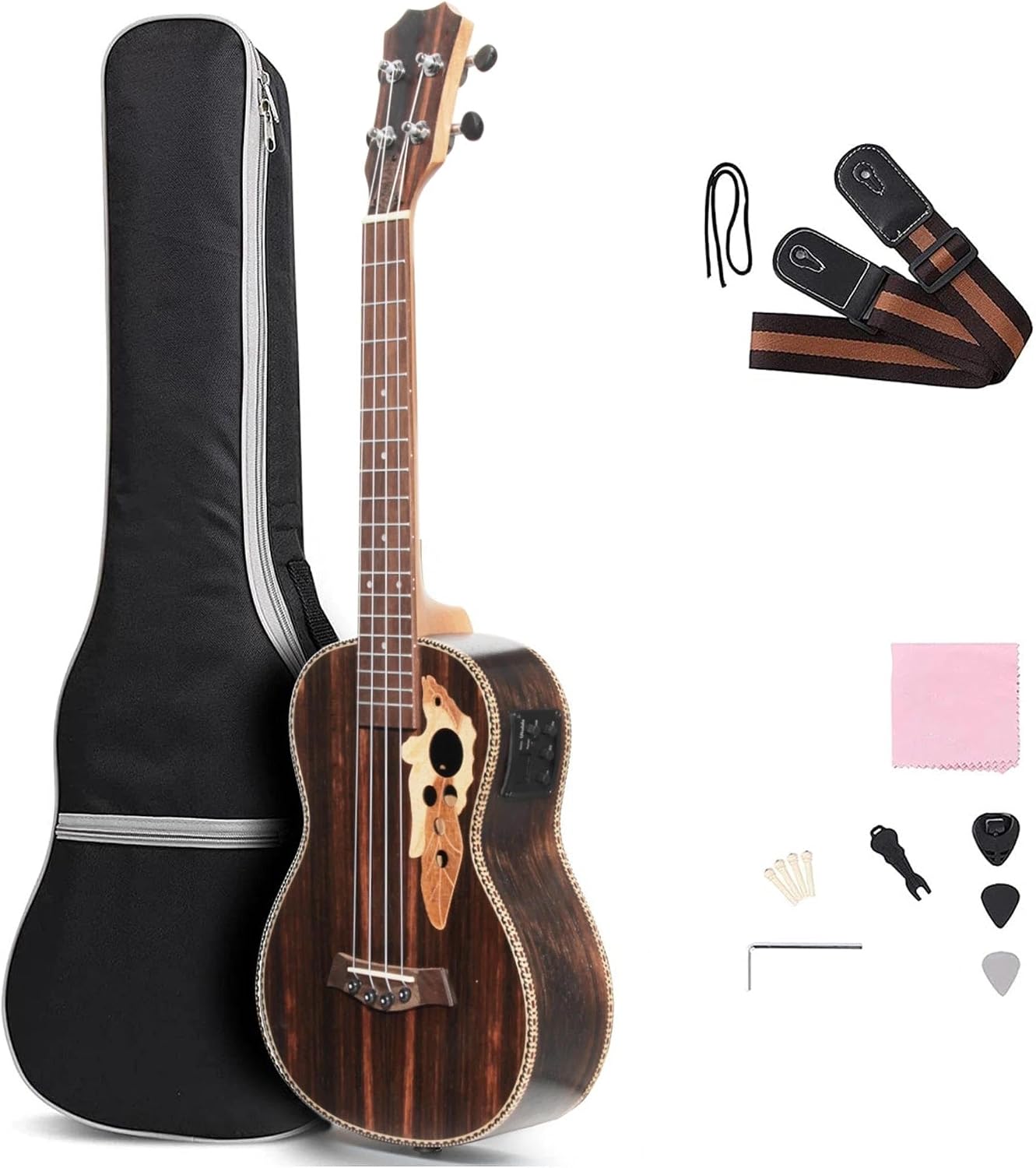 Adult Ukulele Left-Handed Ukulele 26-inch All Black Wood Acoustic Electric Guitar Ukulele Set With Truss Equalizer Gig Bag Strap(Left Hand)