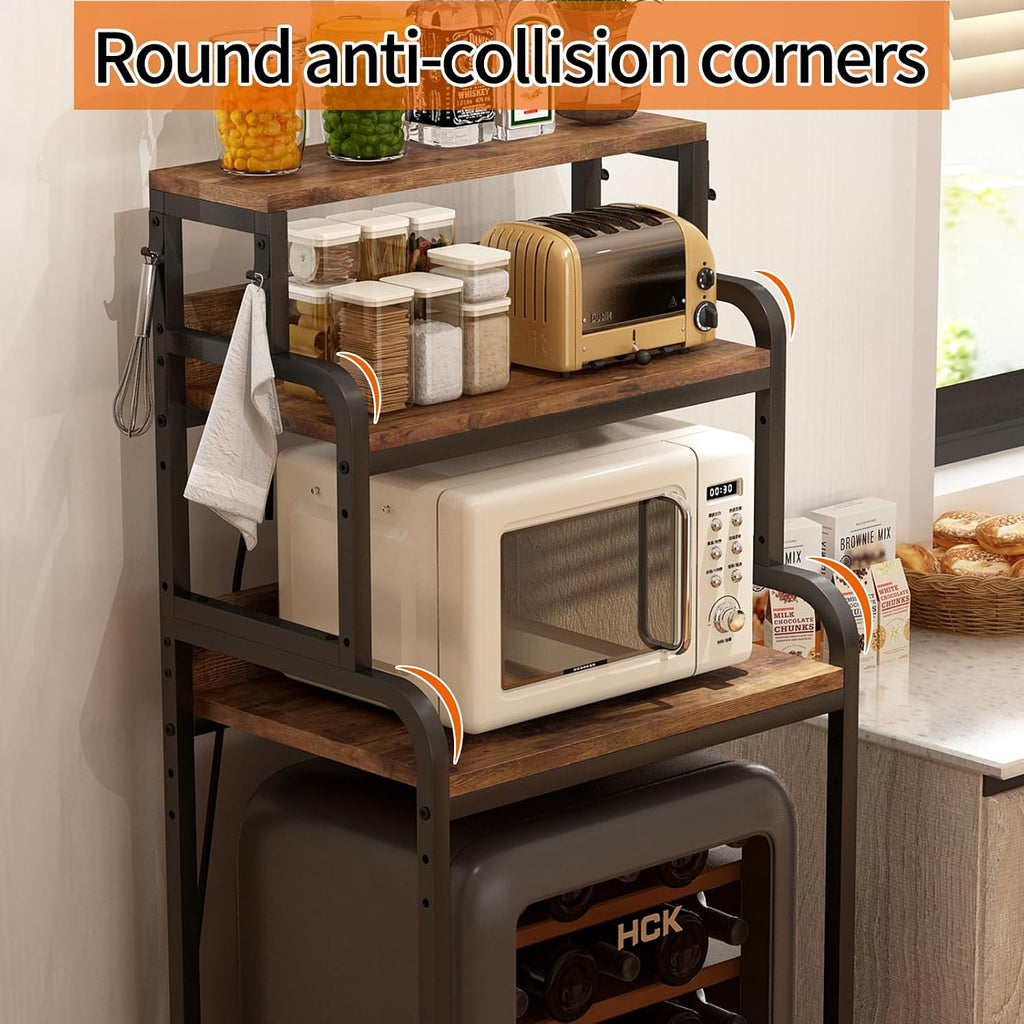 Mini Fridge Stand with Storage, Multifunctional 4-Tier Microwave Oven Stand with Adjustable Shelves and Hooks, Fridge Shelf & Bakers Rack with Power Outlet for Kitchen/Dorm/Living Room/Office, Black
