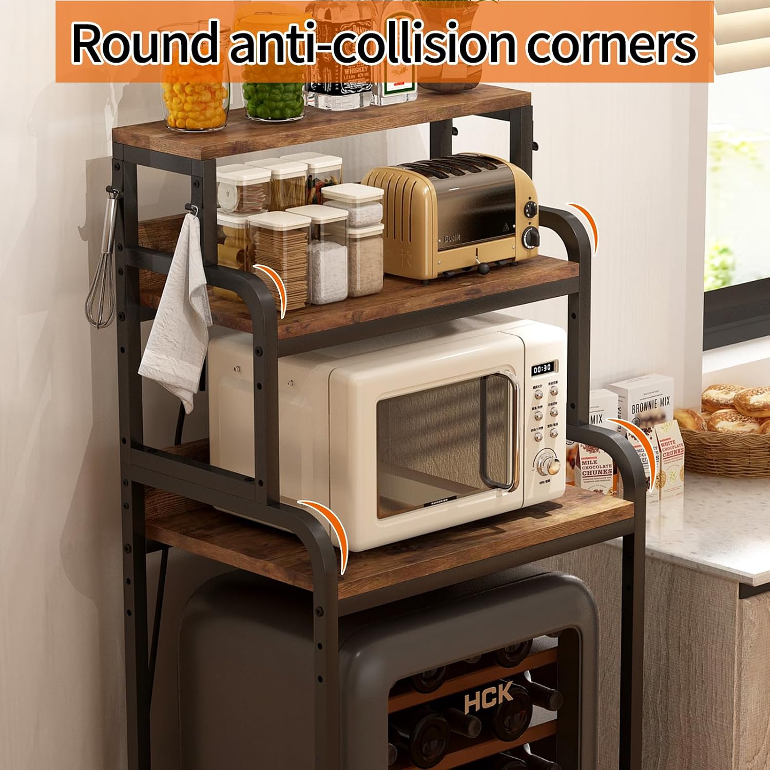 Mini Fridge Stand with Storage, Multifunctional 4-Tier Microwave Oven Stand with Adjustable Shelves and Hooks, Fridge Shelf & Bakers Rack with Power Outlet for Kitchen/Dorm/Living Room/Office, Black