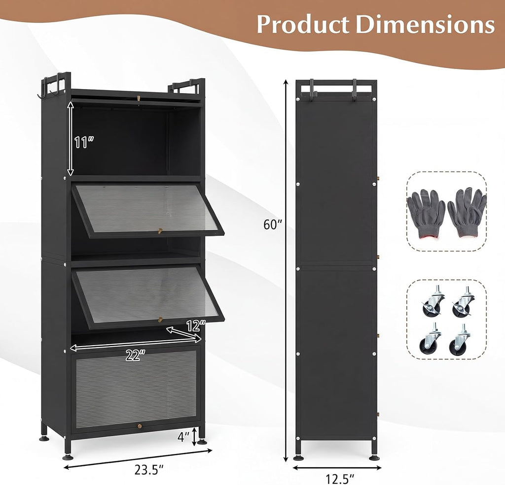 Giantex 5-Tier Kitchen Storage Cabinet, Freestanding Metal Pantry Cabinet w/ 4 Flip-up PC Doors, 4 Hooks & Adjustable Feet, 60' Tall Bakers Rack Microwave Stand for Dining Room, Living Room, Black