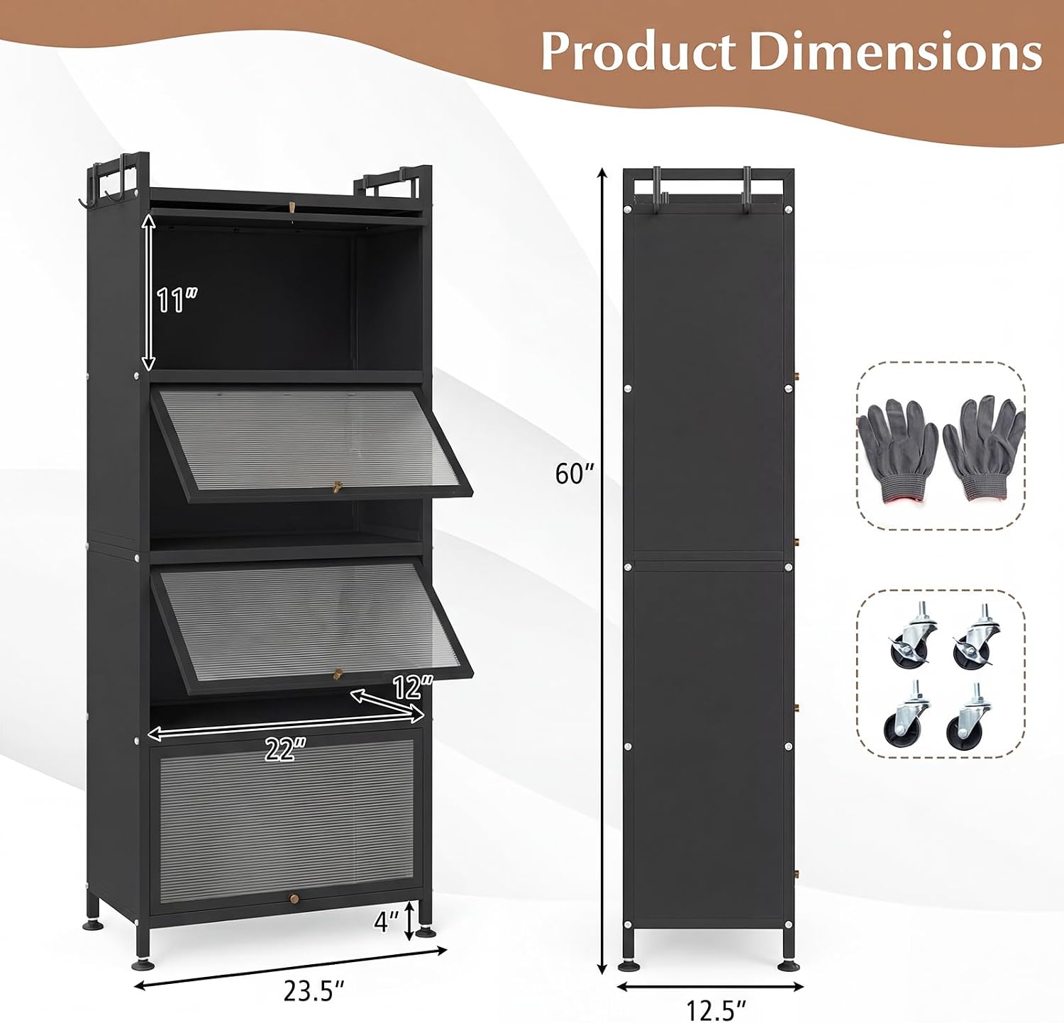 Giantex 5-Tier Kitchen Storage Cabinet, Freestanding Metal Pantry Cabinet w/ 4 Flip-up PC Doors, 4 Hooks & Adjustable Feet, 60' Tall Bakers Rack Microwave Stand for Dining Room, Living Room, Black