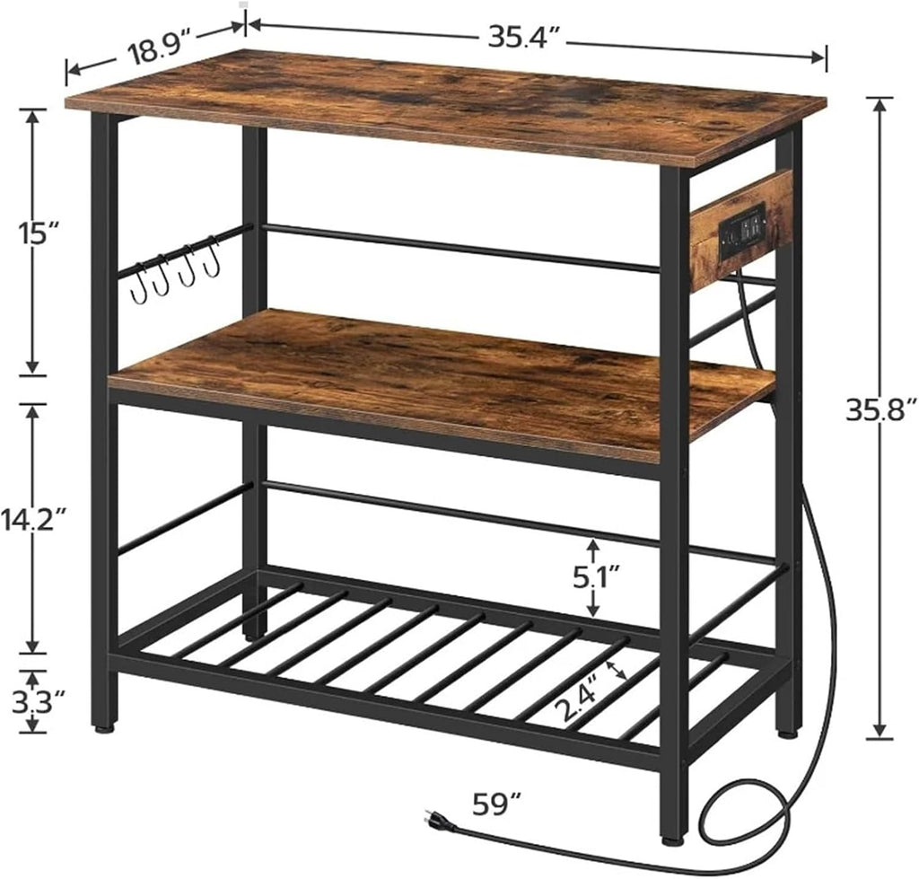 Storage Shelf HOOBRO Kitchen Island with Storage, Kitchen Island Table with Power Outlet, 3 Tier Coffee Station and Microwave Stand, for Home Storage Rack Floor-Standing(Greige Black)