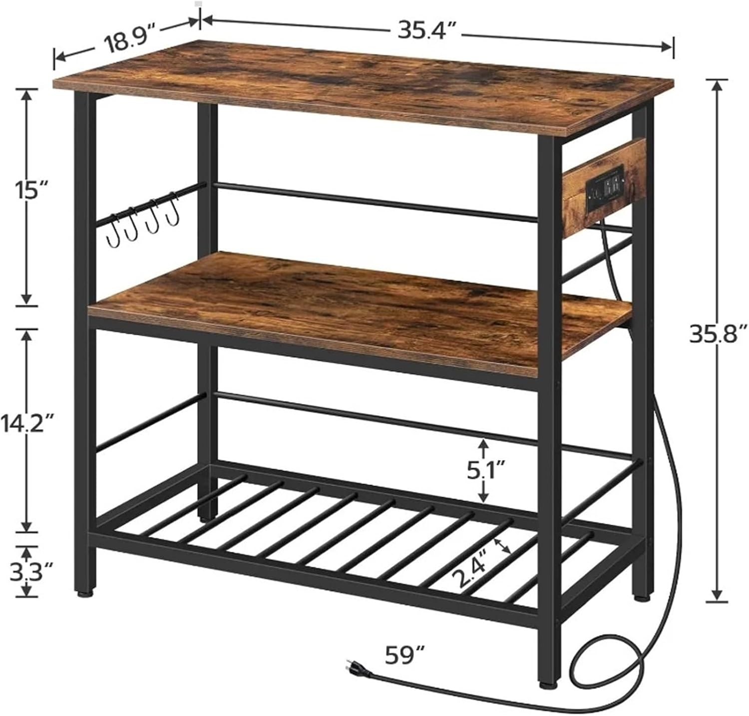 Storage Shelf HOOBRO Kitchen Island with Storage, Kitchen Island Table with Power Outlet, 3 Tier Coffee Station and Microwave Stand, for Home Storage Rack Floor-Standing(Greige Black)