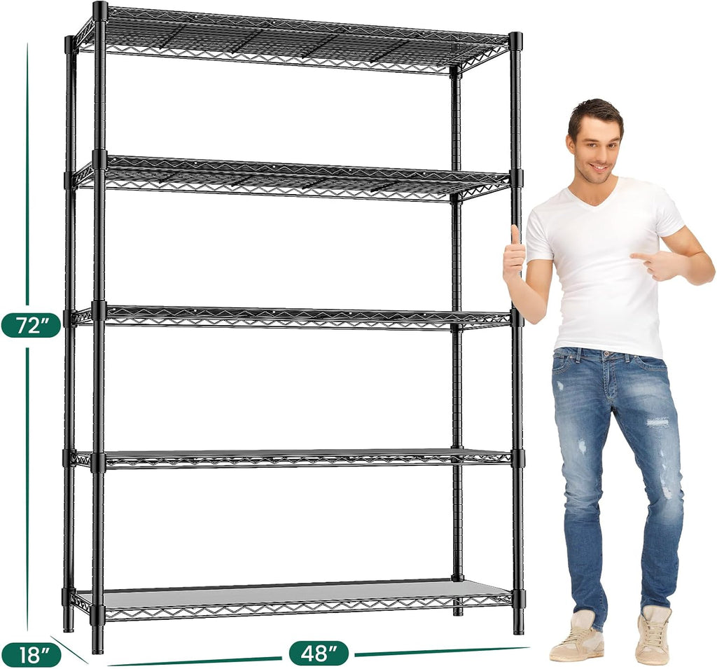 48' W Garage Shelving 1875LBS Heavy Duty Wire Shelving Unit, Metal 5-Tier Adjustable Steel Storage Rack with Liners, Storage Tote Rack, 48' W x 18' D x 72' H for Garage Commercial, Black
