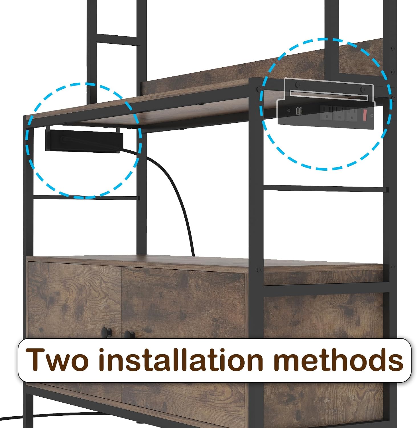 5-Tier Kitchen Bakers Rack with Power Outlet,Industrial Microwave Oven Stand, Utility Storage Shelf,Free Standing Kitchen Utility Cart Storage Shelf Organizer with Hooks