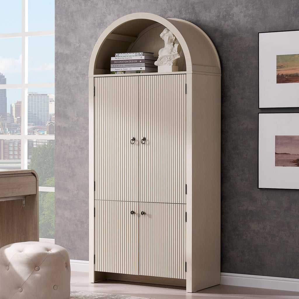 IFGET 71' Tall Arched Kitchen Pantry, Modern Fluted Wood Storage Cabinet with Doors, 3 Adjustable Shelves, 6 Door Shelves, Organizer, Versatile Cupboard for Kitchen, Bathroom, Cream