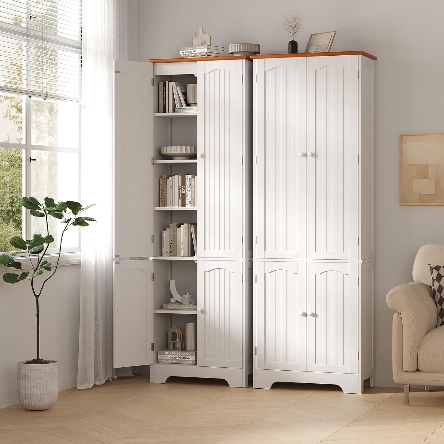 Wood Storage Cabinet- 72.2'' Pantry Cabinets for Kitchen Storage, 4 Door Freestanding Cupboard, Tall Narrow Storage Cabinets for Bathroom, Dining Room, Living Room, Laundry, Garage, Entryway,White