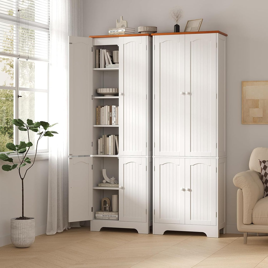 4 Door Pantry - 72.2'' Kitchen Cabinet with Adjustable Shelves, Freestanding Cupboard, Tall Storage Cabinets for Dining Room, Living Room, Laundry, Bathroom, Entryway, White,2Pcs