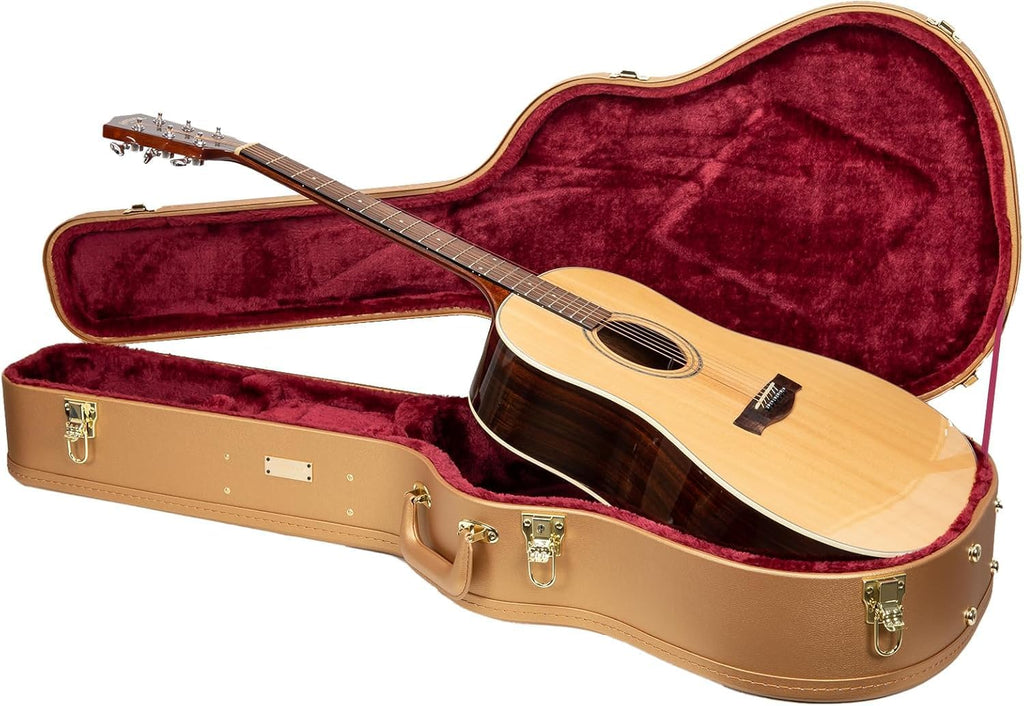 Crossrock Wooden Dreadnought Acoustic Guitar Case for Gibson J-45 / Martin D-Style | Luxury Gold Faux Leather, Burgundy Velvet Interior & Lock – Designer Series(CRW520DLG)