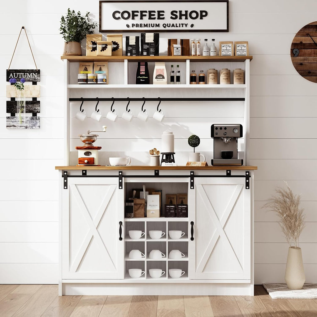4ever2buy Farmhouse Coffee Bar Cabinet with Storage, 47' Coffee Bar with Storage Hutch & Barn Doors, Hutch Cabinet with 6 Hooks & 9 Wine Racks for Dining Room, Kitchen, White
