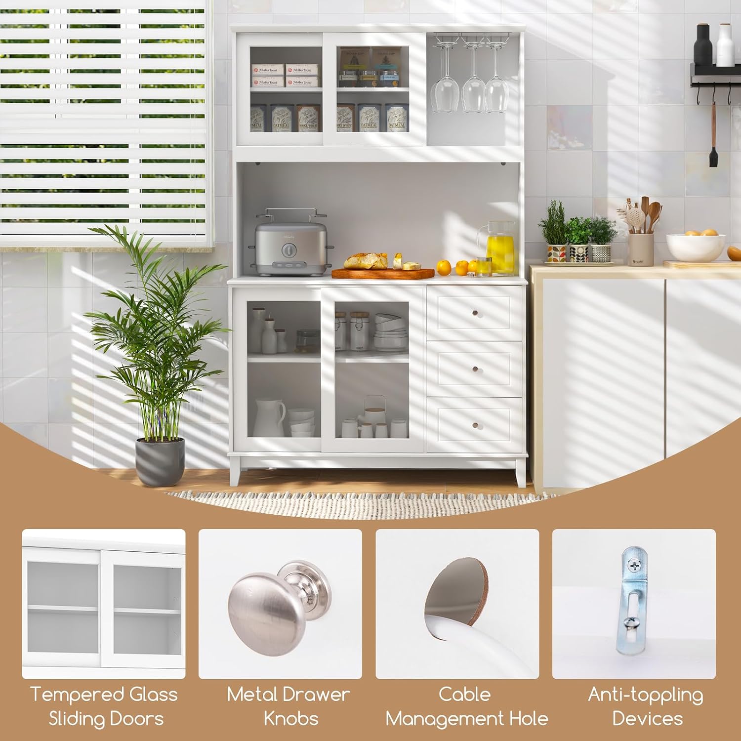 Giantex 73' Kitchen Pantry Storage Cabinet, Buffet Hutch Cabinet with LED Lights & Power Outlet, Kitchen Sideboard w/Wine Glass Racks, Countertop, Adjustable Shelves, Drawers for Dining Room (White)