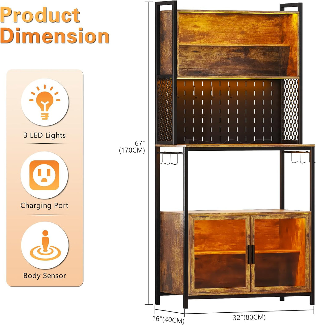 67'' LED Kitchen Pantry Cabinet with Pegboard, 3 Color Dimmable Bakers Rack with Charging Station Adjustable Shelves and Hooks, Microwave Stand with Storage