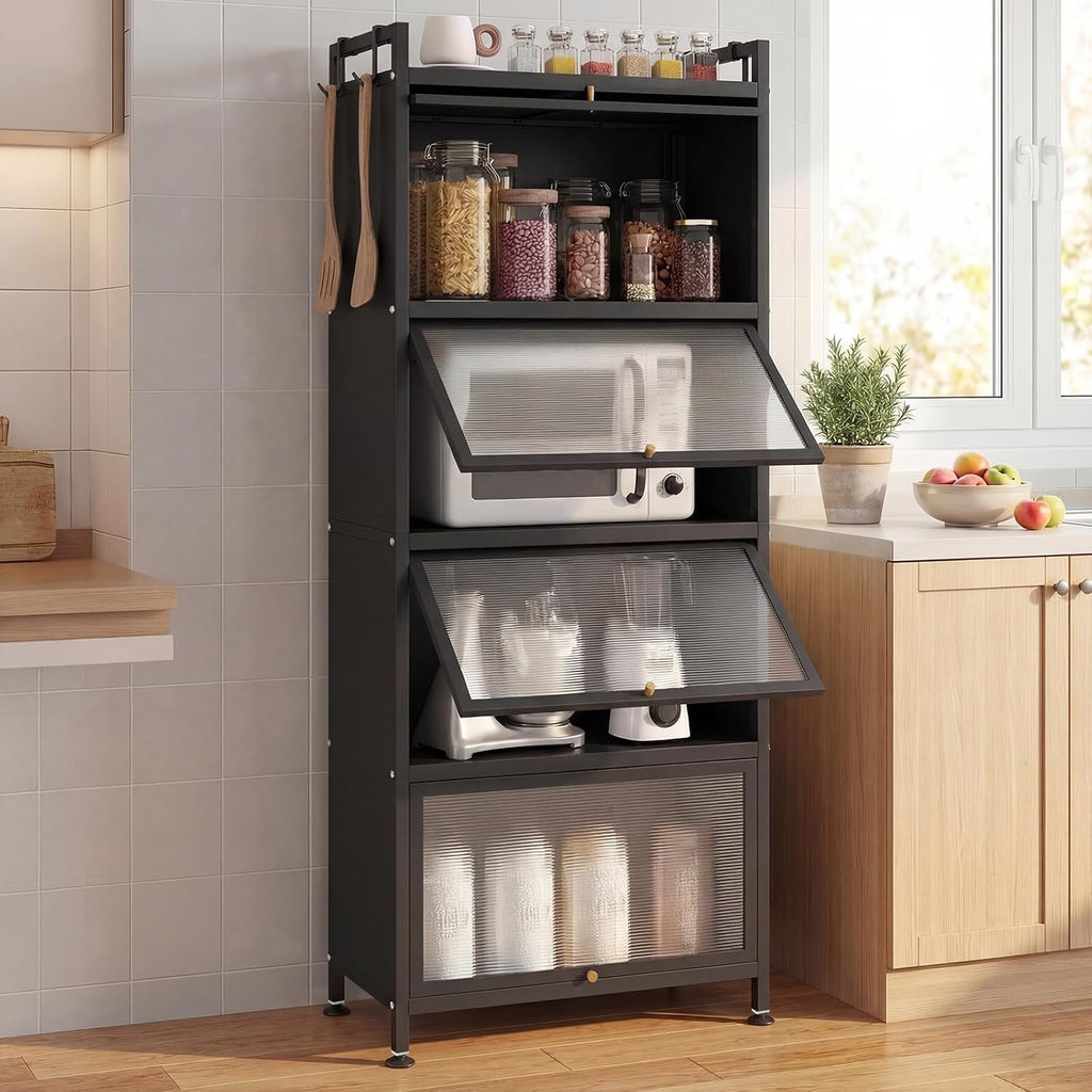 Giantex 5-Tier Kitchen Storage Cabinet, Freestanding Metal Pantry Cabinet w/ 4 Flip-up PC Doors, 4 Hooks & Adjustable Feet, 60' Tall Bakers Rack Microwave Stand for Dining Room, Living Room, Black