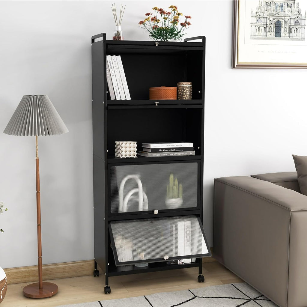 MAT EXPERT 5-Tier Kitchen Storage Cabinet, Freestanding Appliance Organizer on Wheels with Flip Door & Anti-Topping Device, Kitchen Pantry Cabinet Bakers Rack for Living Room, Study (Black)