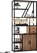 TrailBlaze Tall Home Bar Cabinet with Wine Rack and LED Lights – Power Outlets, Glass Holder, Multi-Function Coffee Bar Station, Microwave Stand, Ample Storage – Black Frame + Brown Wood Board