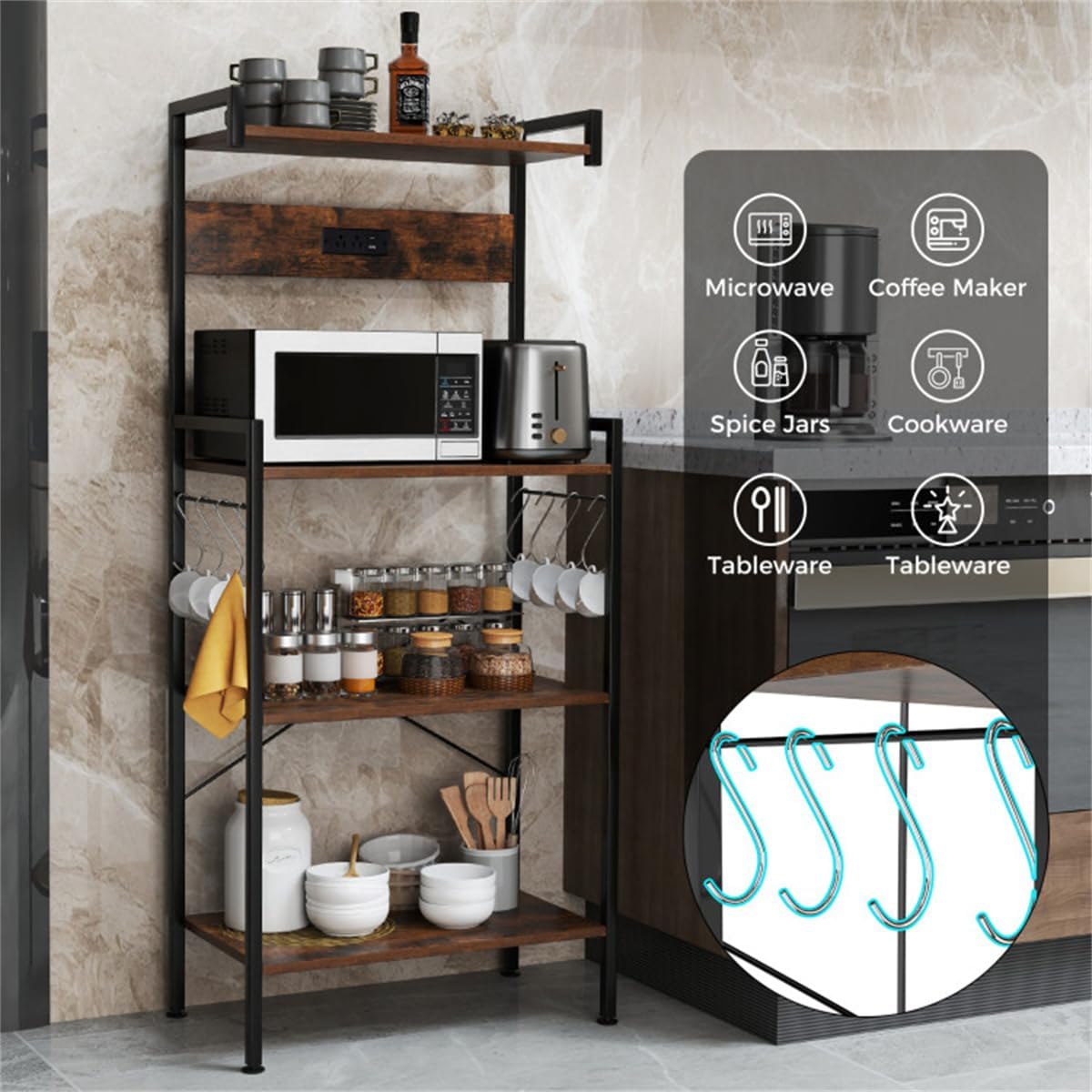 JHshop Bakers Rack with Power Outlet, Coffee Bar, Microwave Stand, Kitchen Storage Shelf for Spice, Pots and Pans Organizer, 23' × 13' × 54' (L x W x H)